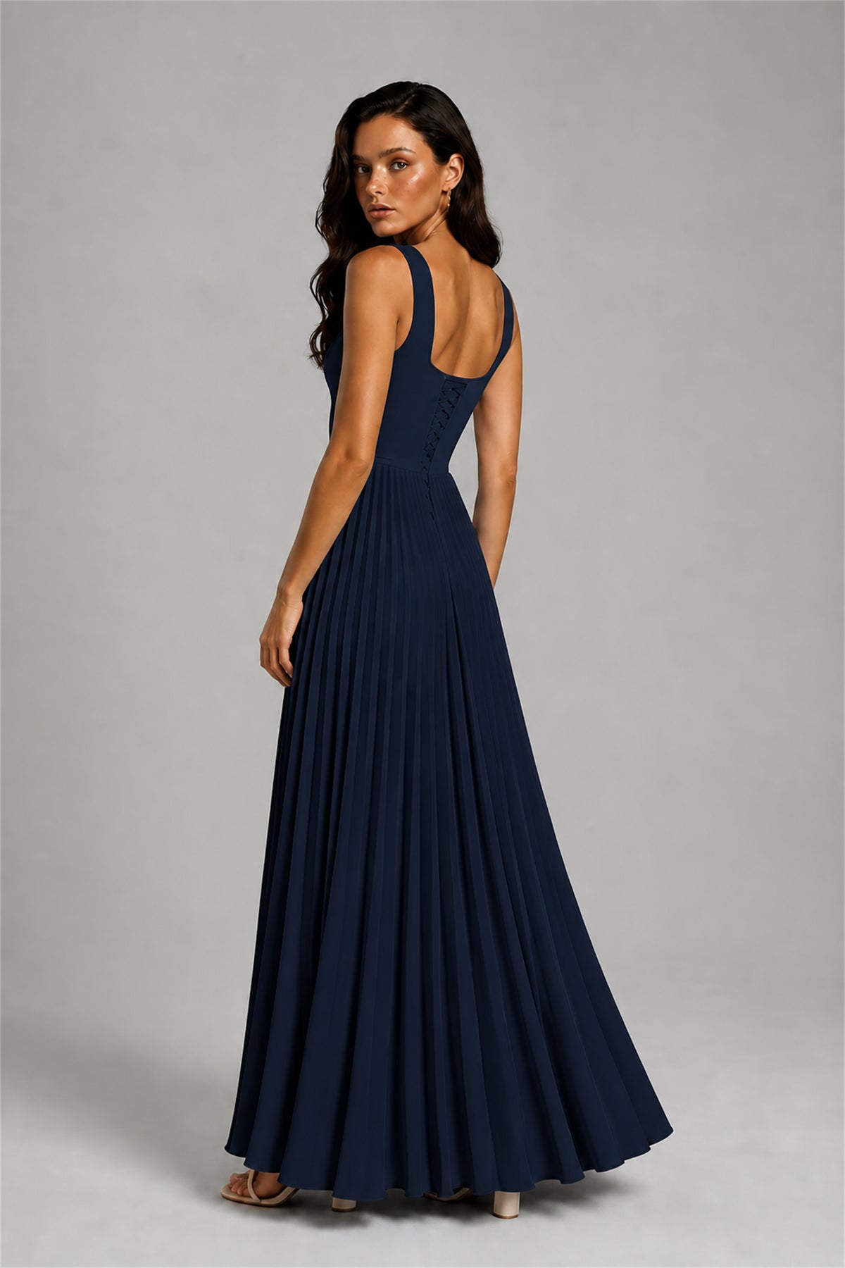 BOLODOO Navy Blue Square Neck Wide Strap Lace-Up Back Pleated A-Line Chiffon Maxi Dress - Navy Blue