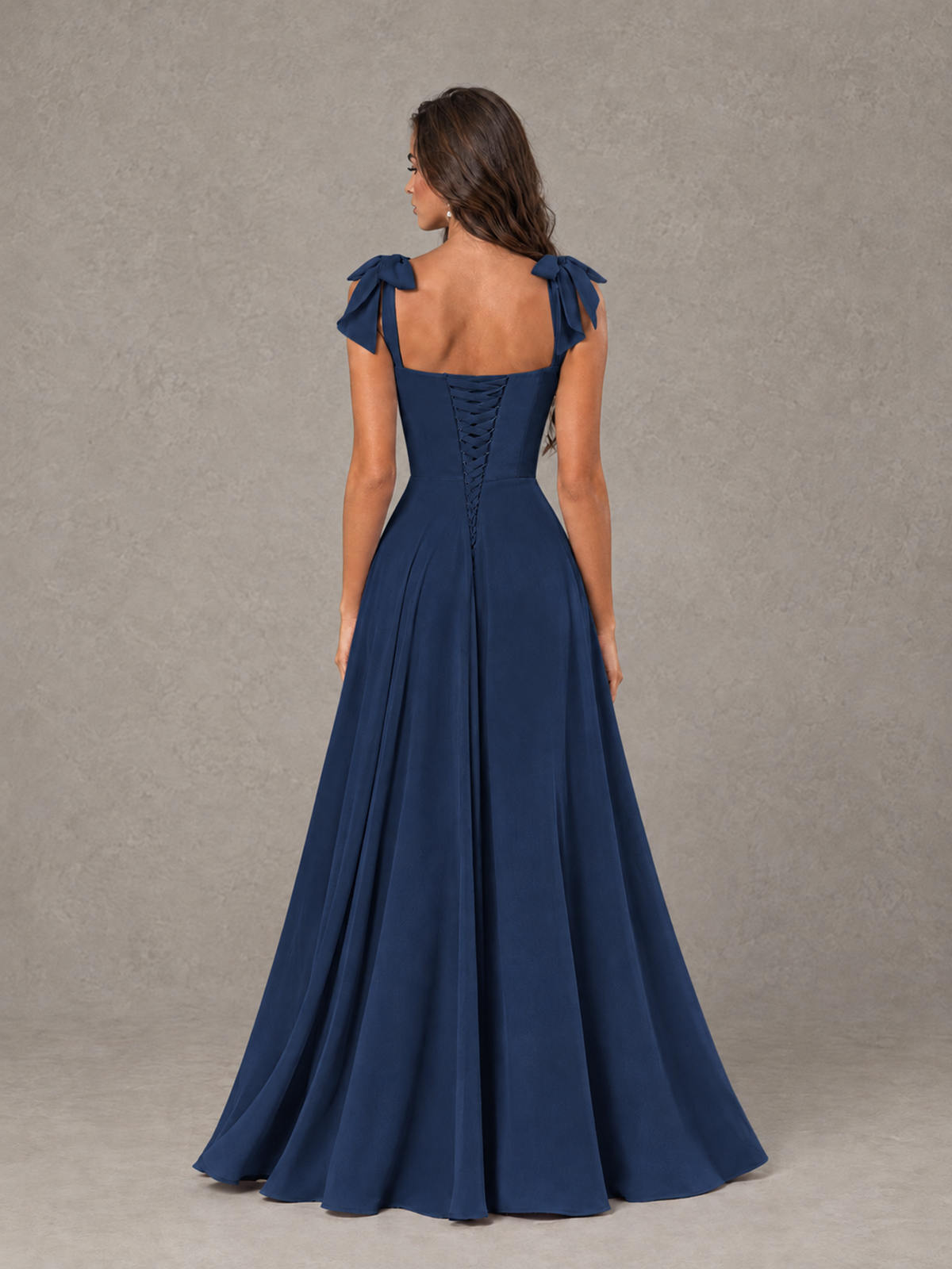 BOLODOO Navy Blue Bow-Strap Bridesmaid Dress with Ruffle Slit - Navy Blue - Navy Blue (2)