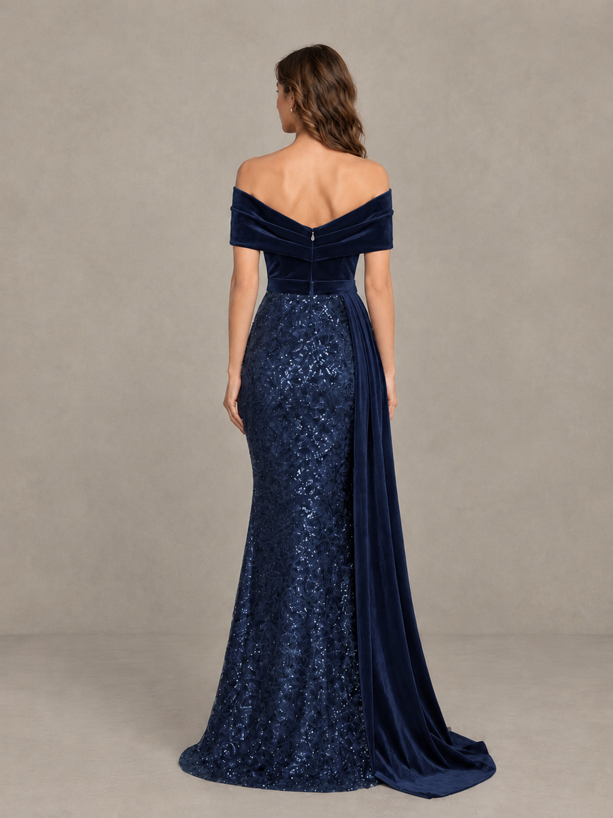 BOLODOO Navy Blue Off-Shoulder Velvet & Sequin Evening Gown with Side Train - Navy Blue - Navy Blue (2)