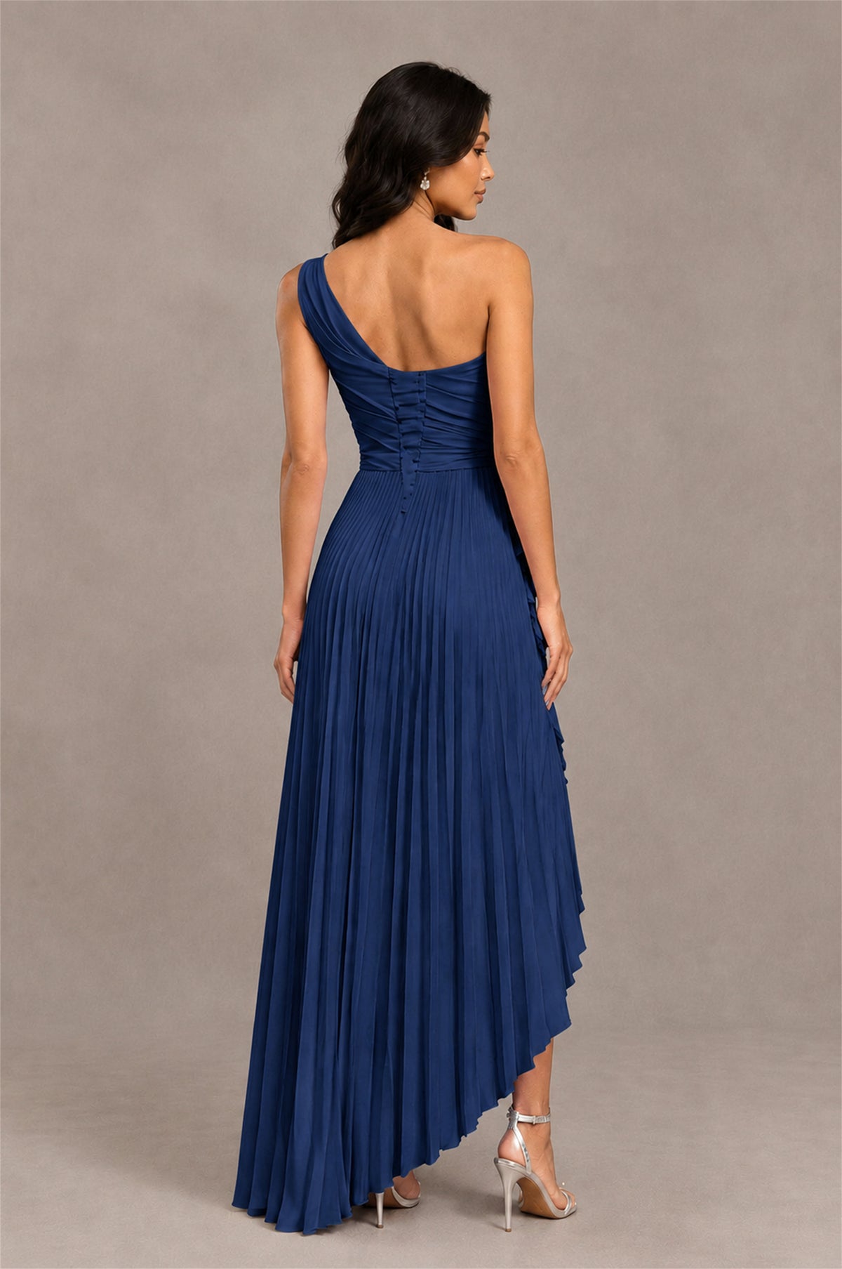 BOLODOO Navy Blue One-Shoulder High-Low Ruffle Maxi Dress - Navy Blue