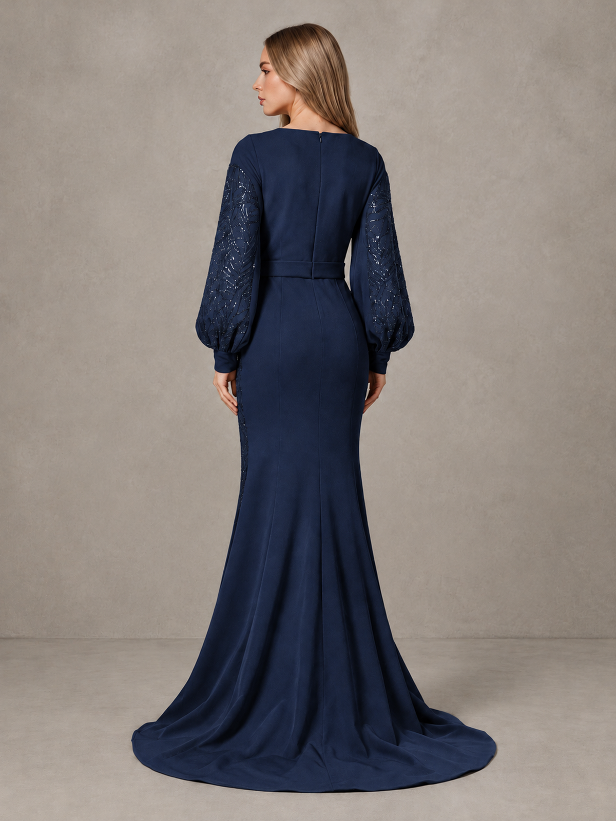 BOLODOO Navy Blue Sequin Long Bishop Sleeve Mermaid Evening Dress - Navy Blue - Navy Blue (2)