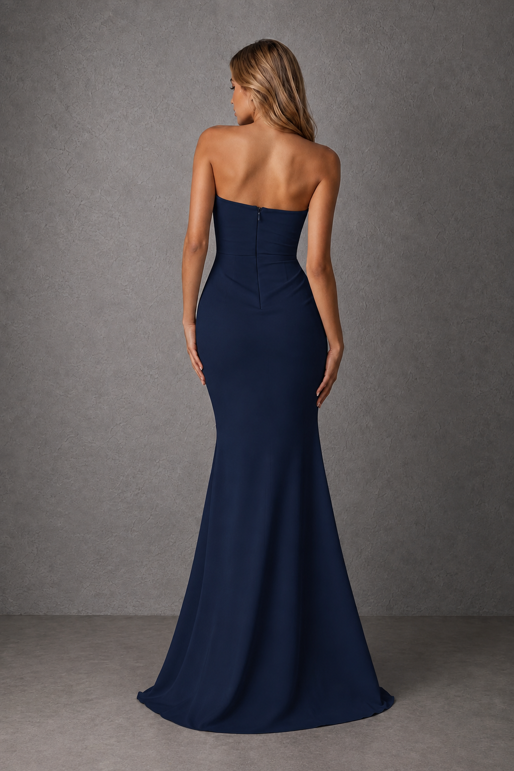 BOLODOO Navy Blue Strapless Sweetheart Ruched Mermaid Gown | Cascade Drape Formal Evening Dress - Navy Blue