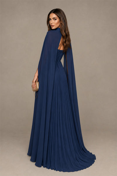 BOLODOO Navy Blue Strapless Crossover Ruched Bodice Detached Turtleneck Cape Lace-Up Back Pleated Chiffon Maxi Dress - Navy Blue