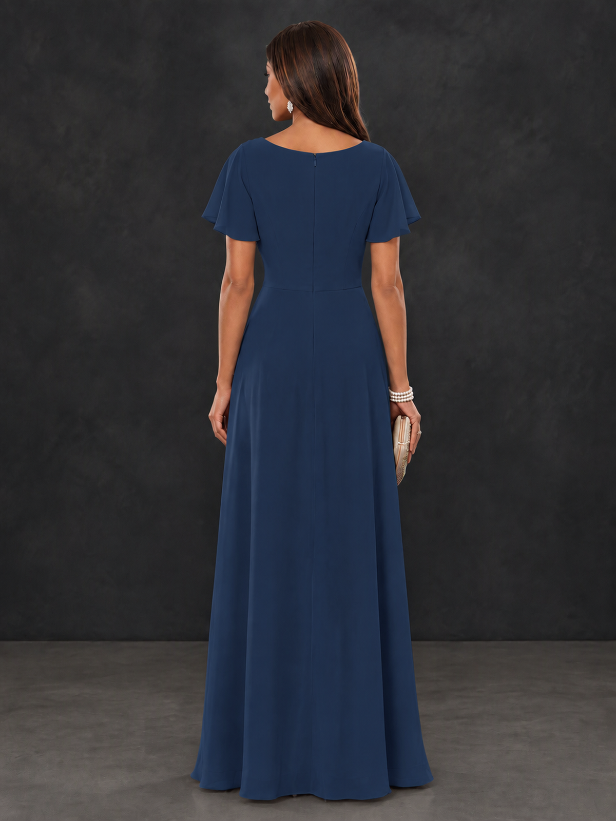 BOLODOO Navy Blue Floral Flutter Sleeve Mother of the Bride Dress - Navy Blue