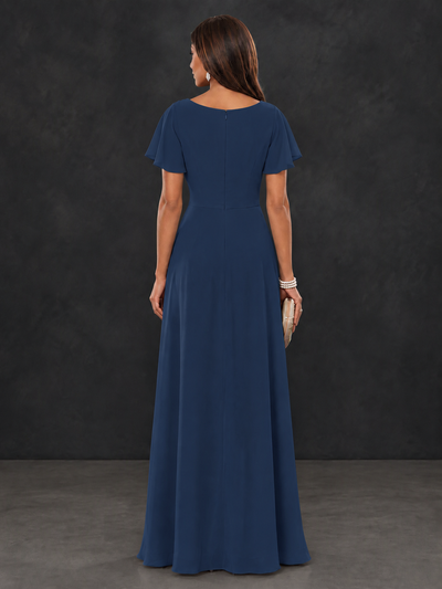 BOLODOO Navy Blue Floral Flutter Sleeve Mother of the Bride Dress - Navy Blue