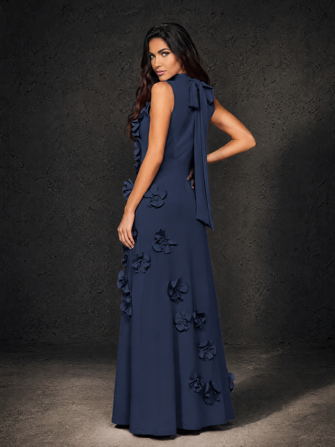 BOLODOO Navy Blue Mock Neck Sleeveless 3D Floral Appliqué Maxi Dress with Bow Back - Navy Blue