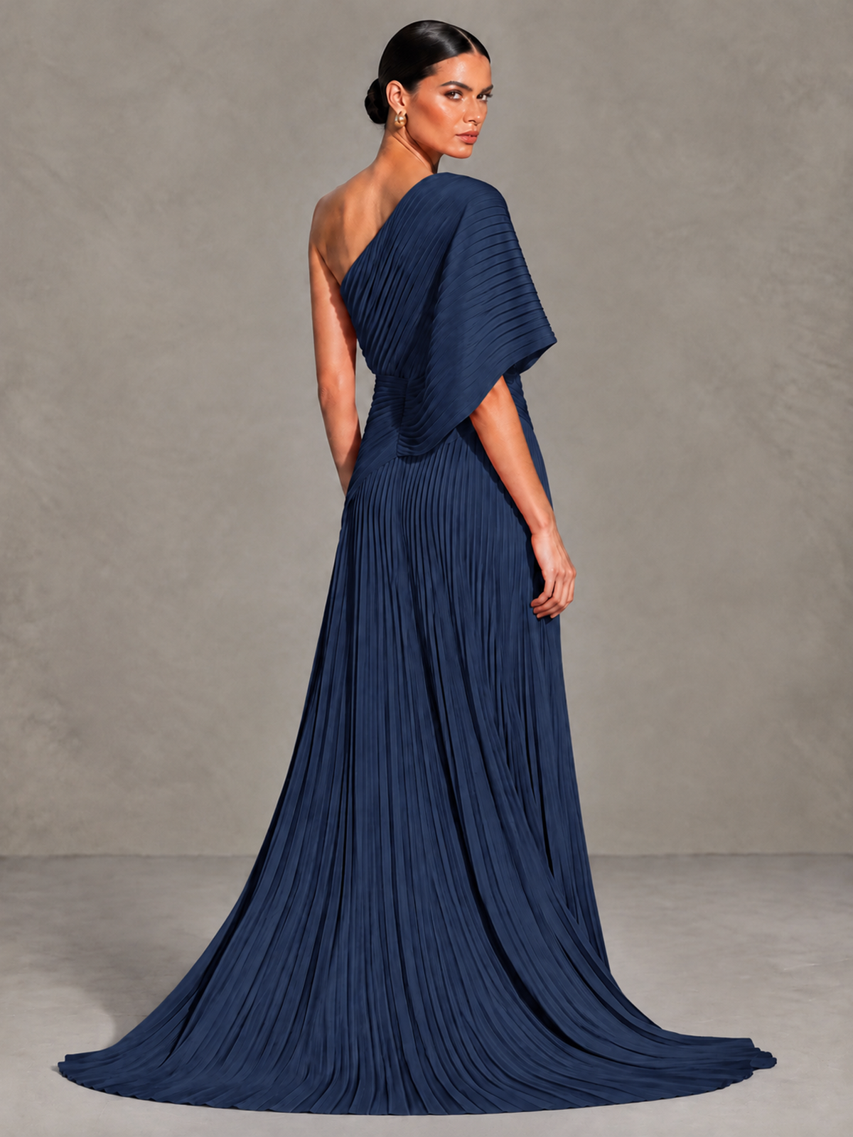 BOLODOO Navy Blue One-Shoulder Pleated Cape Evening Gown with Train - Navy Blue - Navy Blue (2)