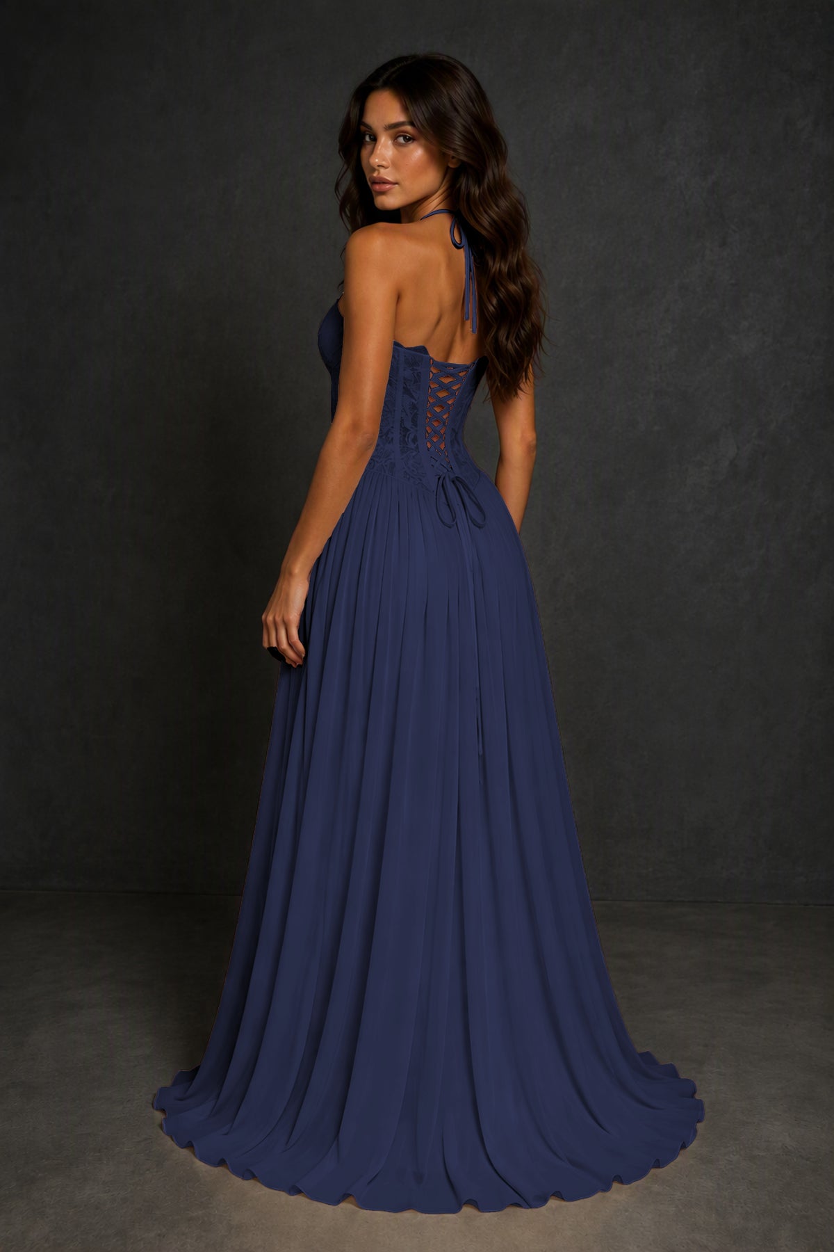 BOLODOO Navy Blue Lace Corset Halter Maxi Gown – Backless A-Line Formal Dress - Navy Blue