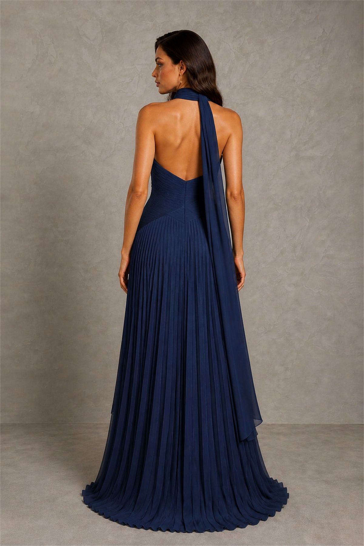 BOLODOO Navy Blue Sweetheart Strapless Neck Scarf Pleated Backless A-Line Chiffon Maxi Dress - Navy Blue