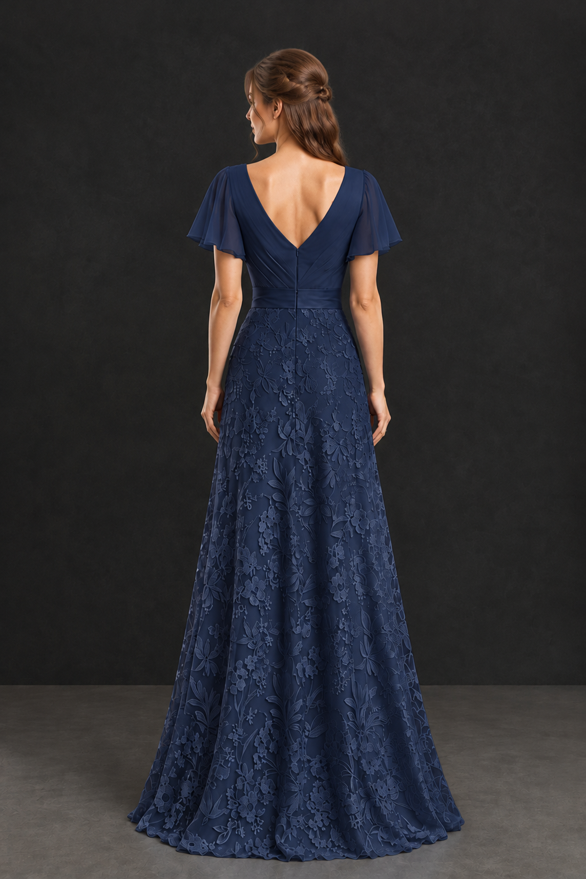 BOLODOO Navy Blue Flutter Sleeve Lace Mother of the Bride Dress - Navy Blue