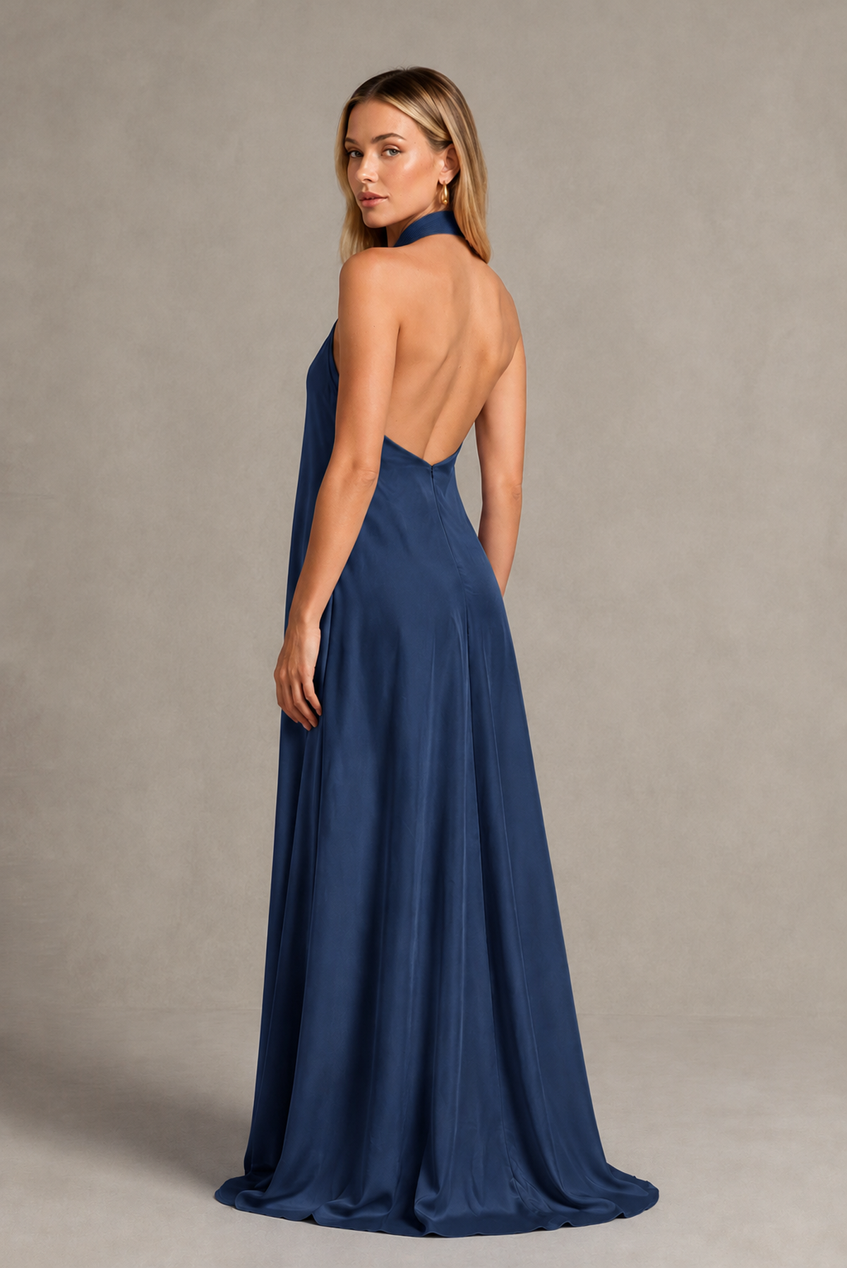 BOLODOO Navy Blue Backless Halter Satin Bridesmaid Dress - Navy Blue