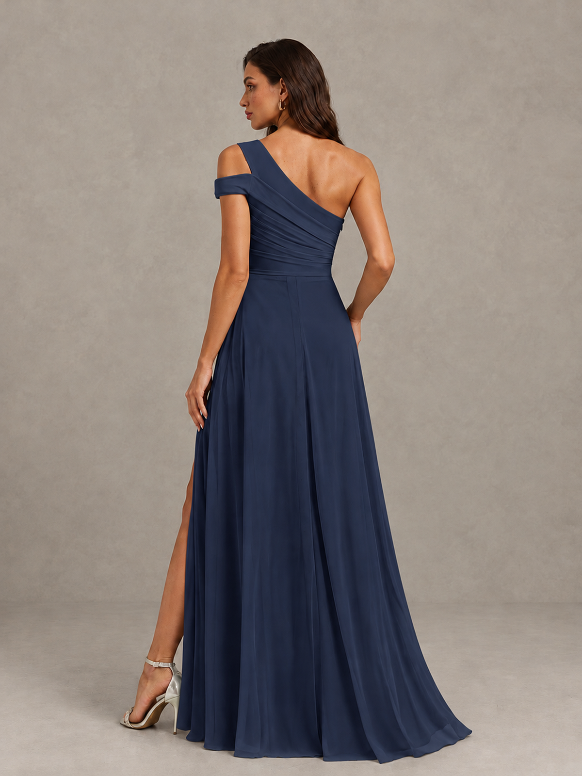 BOLODOO Navy Blue One-Shoulder Bridesmaid Dress with Side Slit - Navy Blue - Navy Blue (2)
