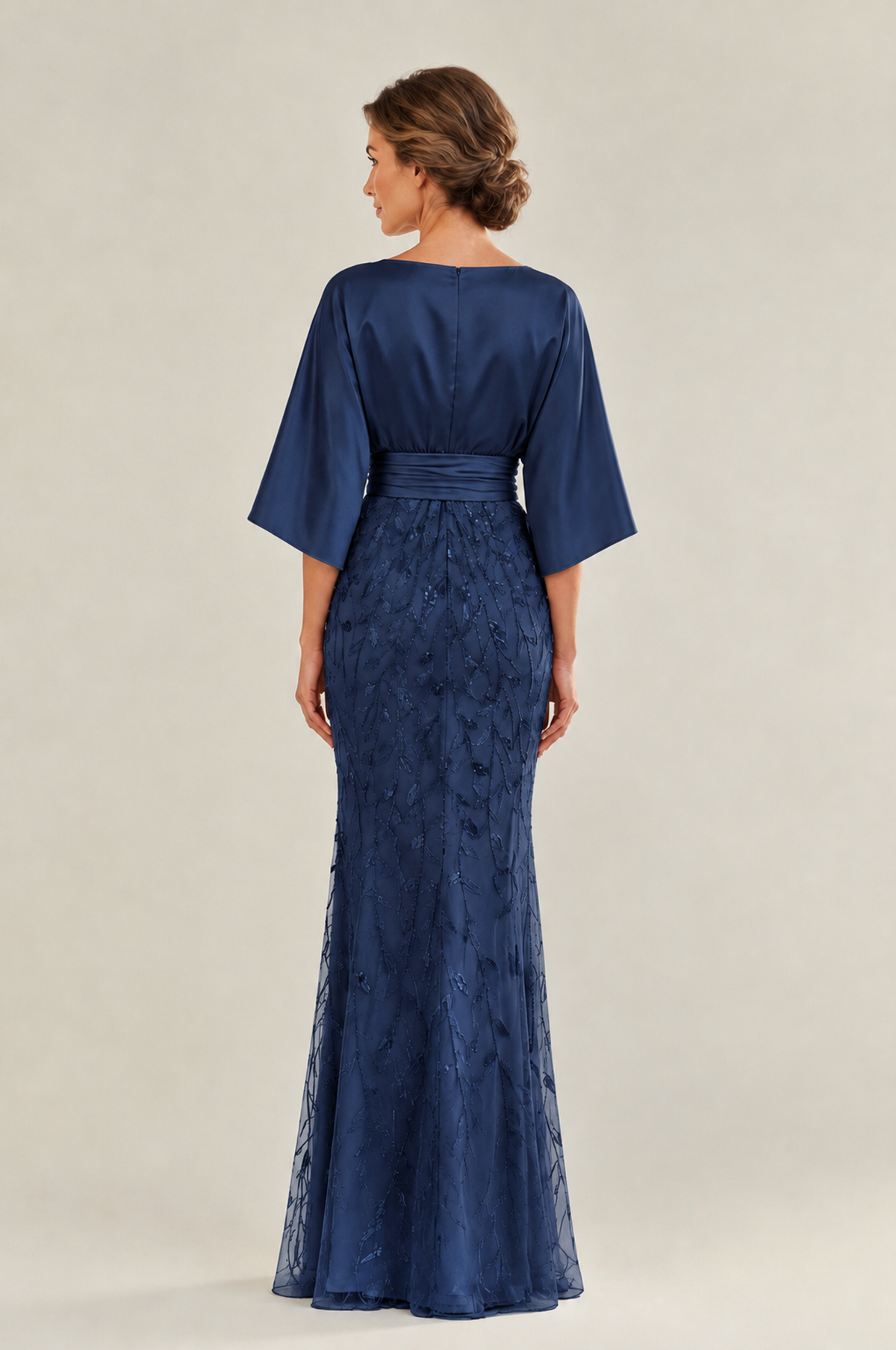BOLODOO Navy Blue Mother of the Bride Dress with Kimono Sleeves, Satin Bodice & Sequin Embroidered Mermaid Floor-Length Gown - Navy Blue - Navy Blue (2)