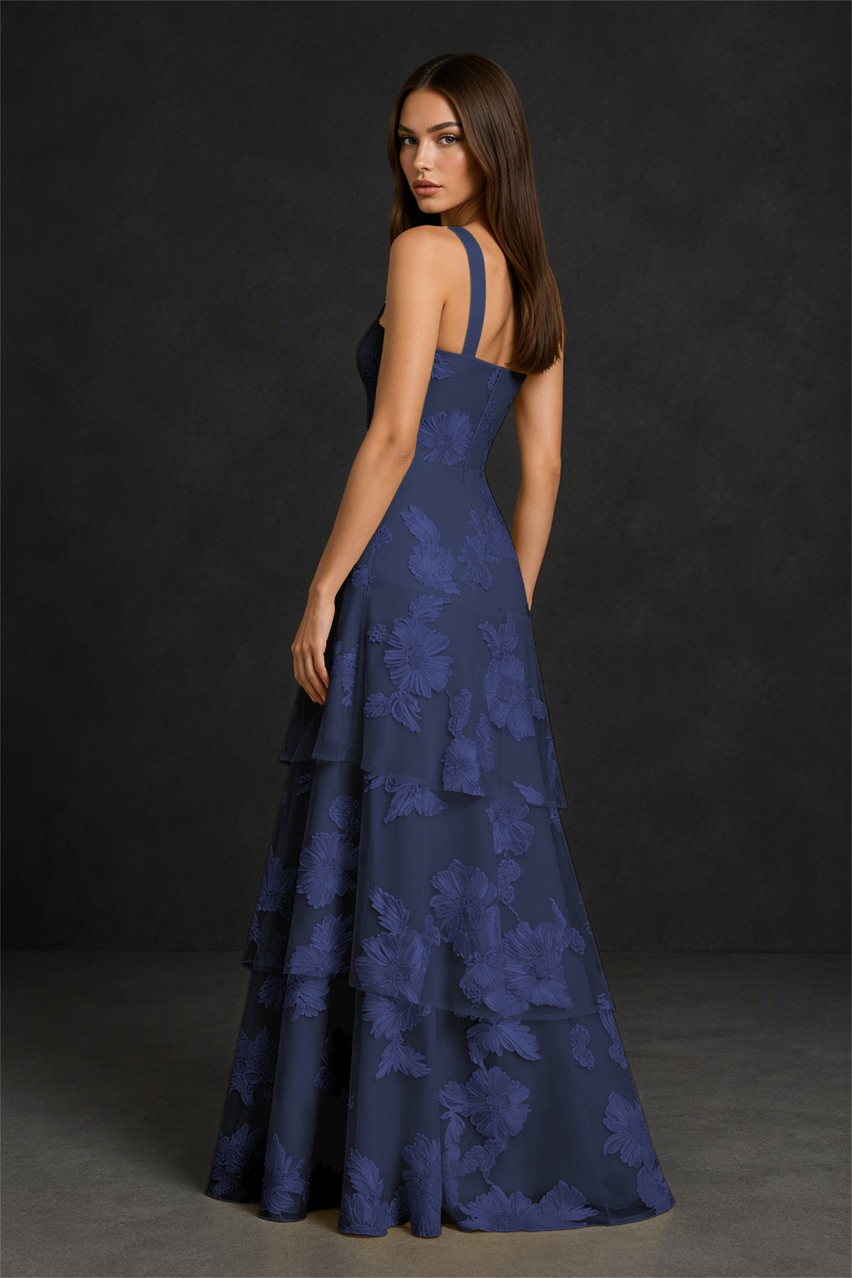 BOLODOO Navy Blue Crisscross Halter Neck Navy Blue Floral Embroidered Triple Tiered A-Line Tulle Maxi Dress - Navy Blue