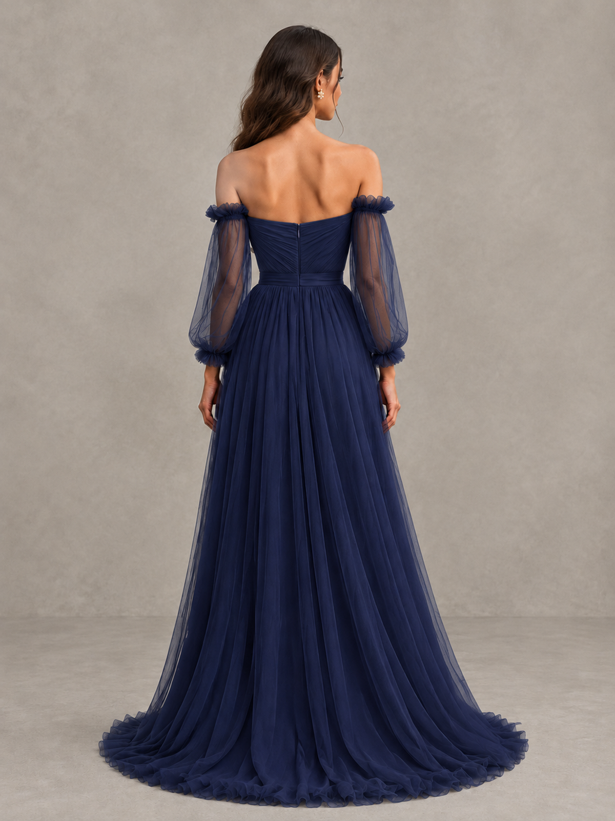 BOLODOO Navy Blue Off-the-Shoulder Long Sleeve A-Line Bridesmaid Dress - Navy Blue - Navy Blue (2)