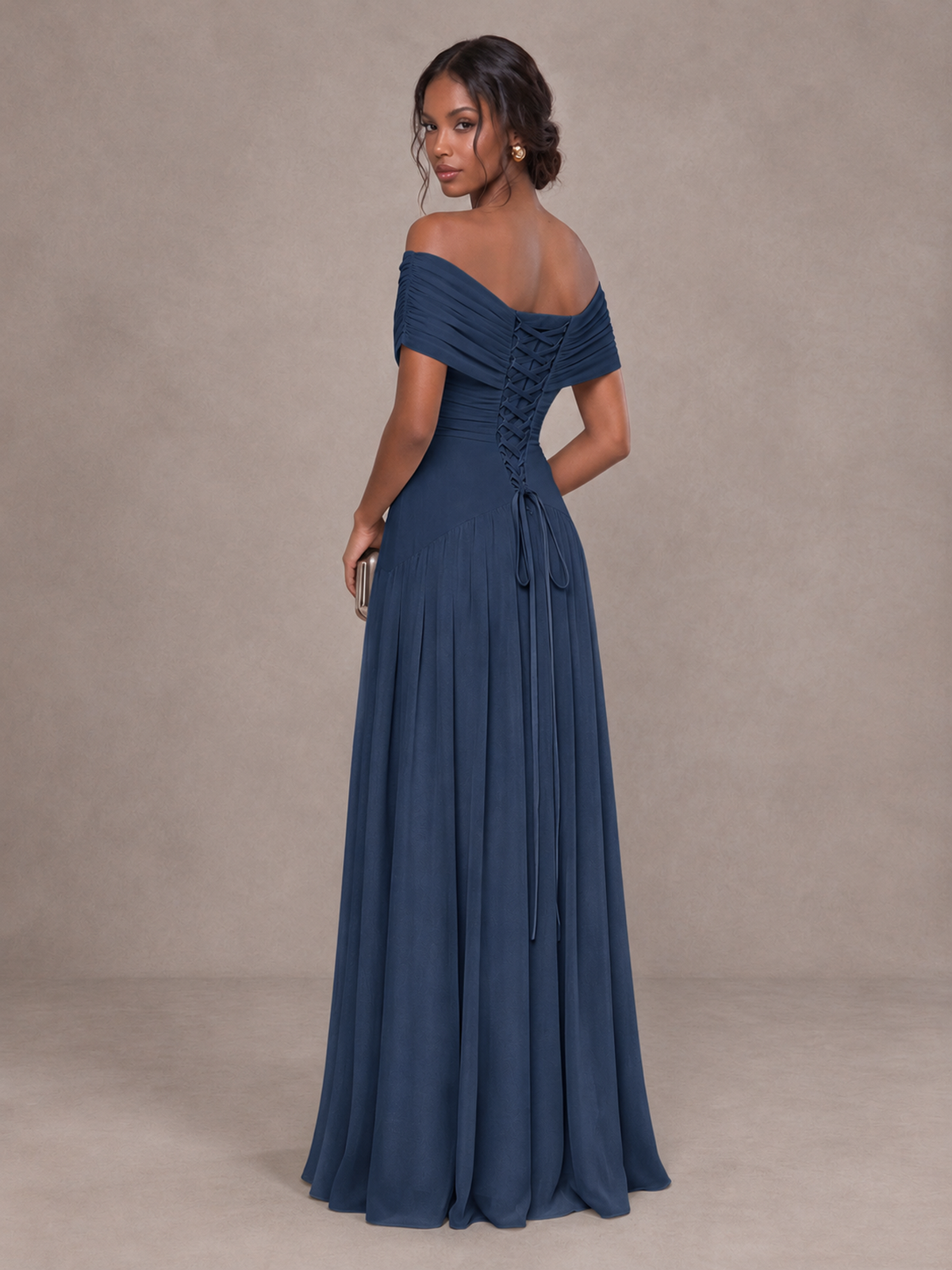 BOLODOO Navy Blue Off-Shoulder Ruched A-Line Bridesmaid Dress - Navy Blue - Navy Blue (2)