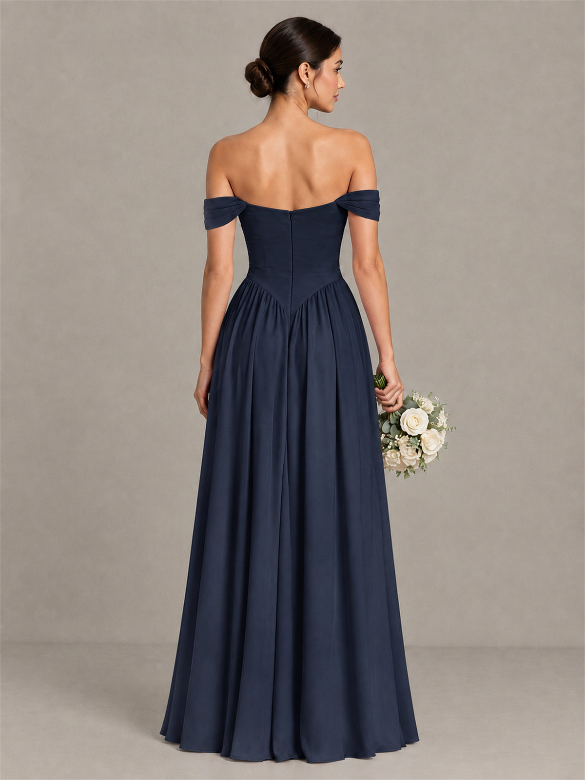 BOLODOO Navy Blue Off-Shoulder Chiffon A-Line Bridesmaid Dress - Navy Blue