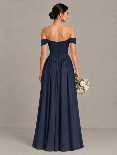 BOLODOO Navy Blue Off-Shoulder Chiffon A-Line Bridesmaid Dress - Navy Blue