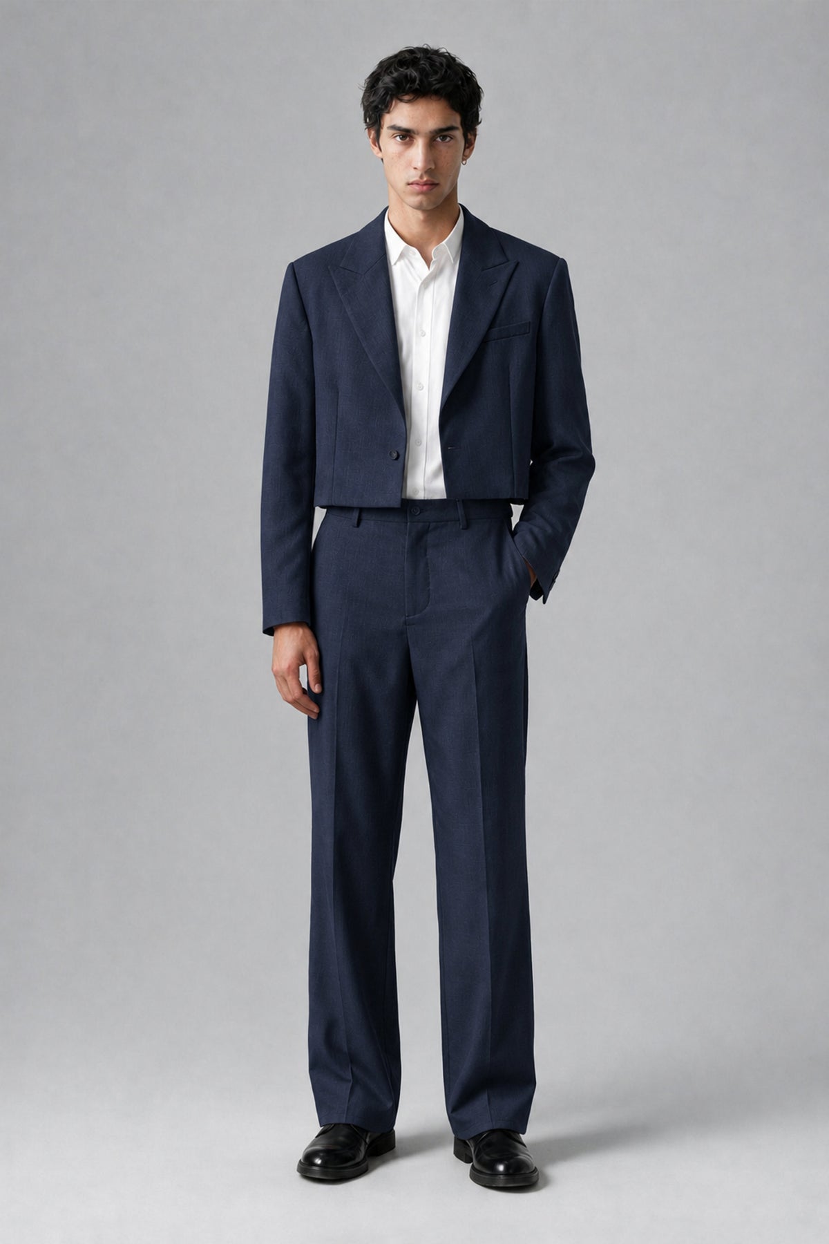 Bolodoo Men's Navy Blue Cropped Blazer & Wide-Leg Trousers 2-Piece Suit - Navy Blue - Navy Blue (2)