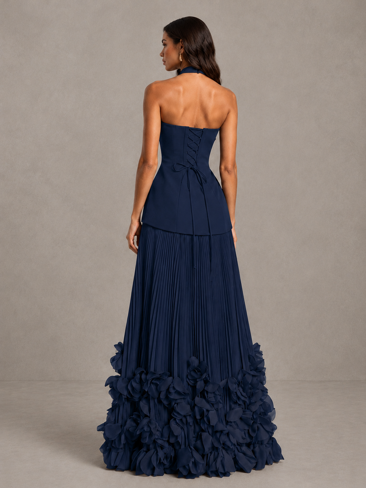 BOLODOO Navy Blue Halter Neck Floor-Length Evening Gown with High Slit & 3D Floral Hem - Navy Blue - Navy Blue (2)