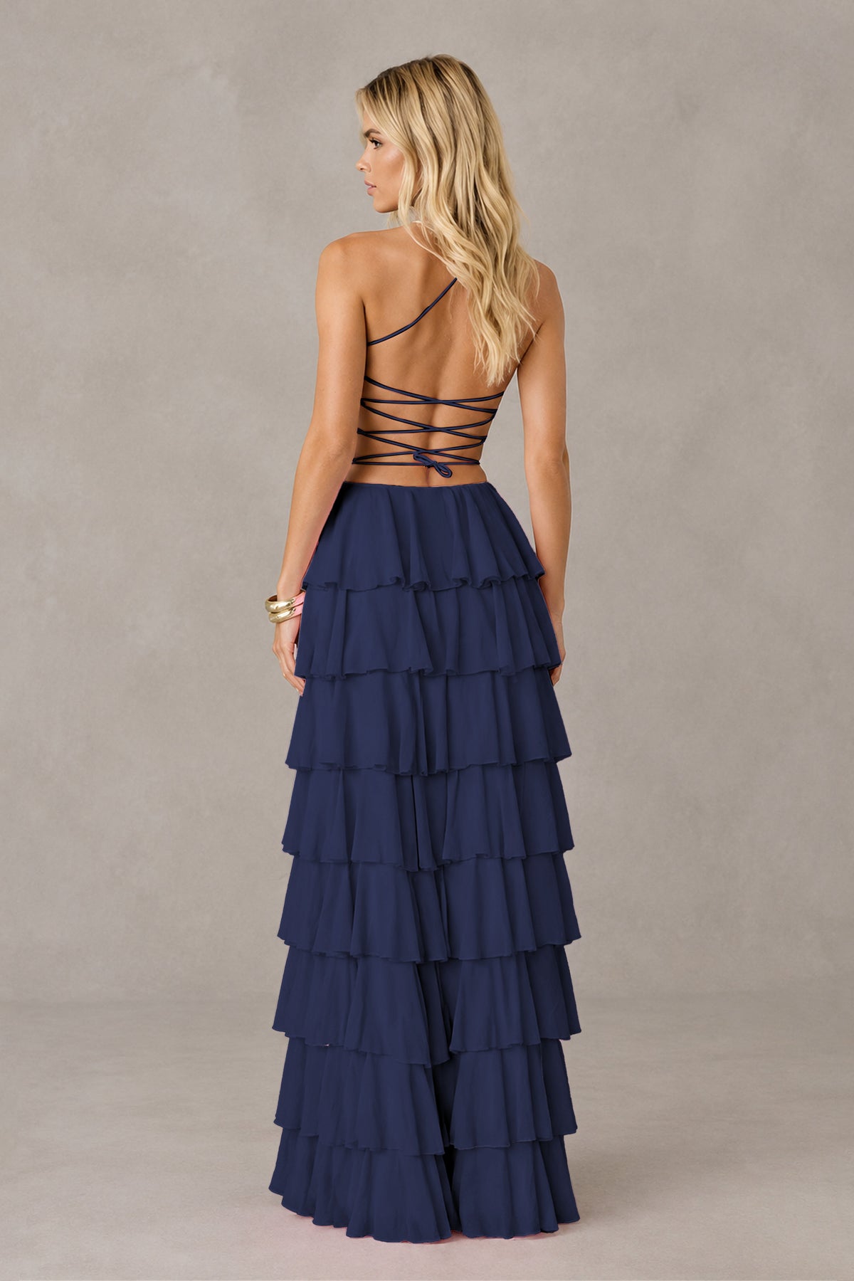 BOLODOO Navy Blue Strapless Tiered Ruffle Maxi Dress with Slit & Lace-Up Back - Navy Blue