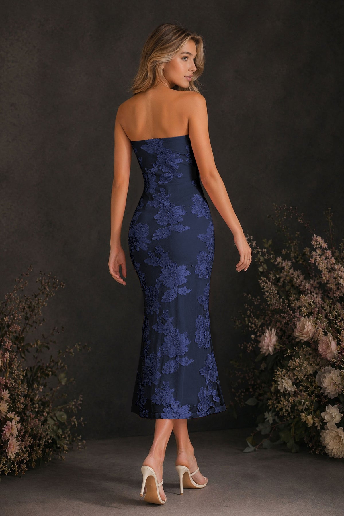 BOLODOO Navy Blue Tonal Floral Embroidered Mesh Strapless Open Back Bodycon Midi Tea Length Dress - Navy Blue