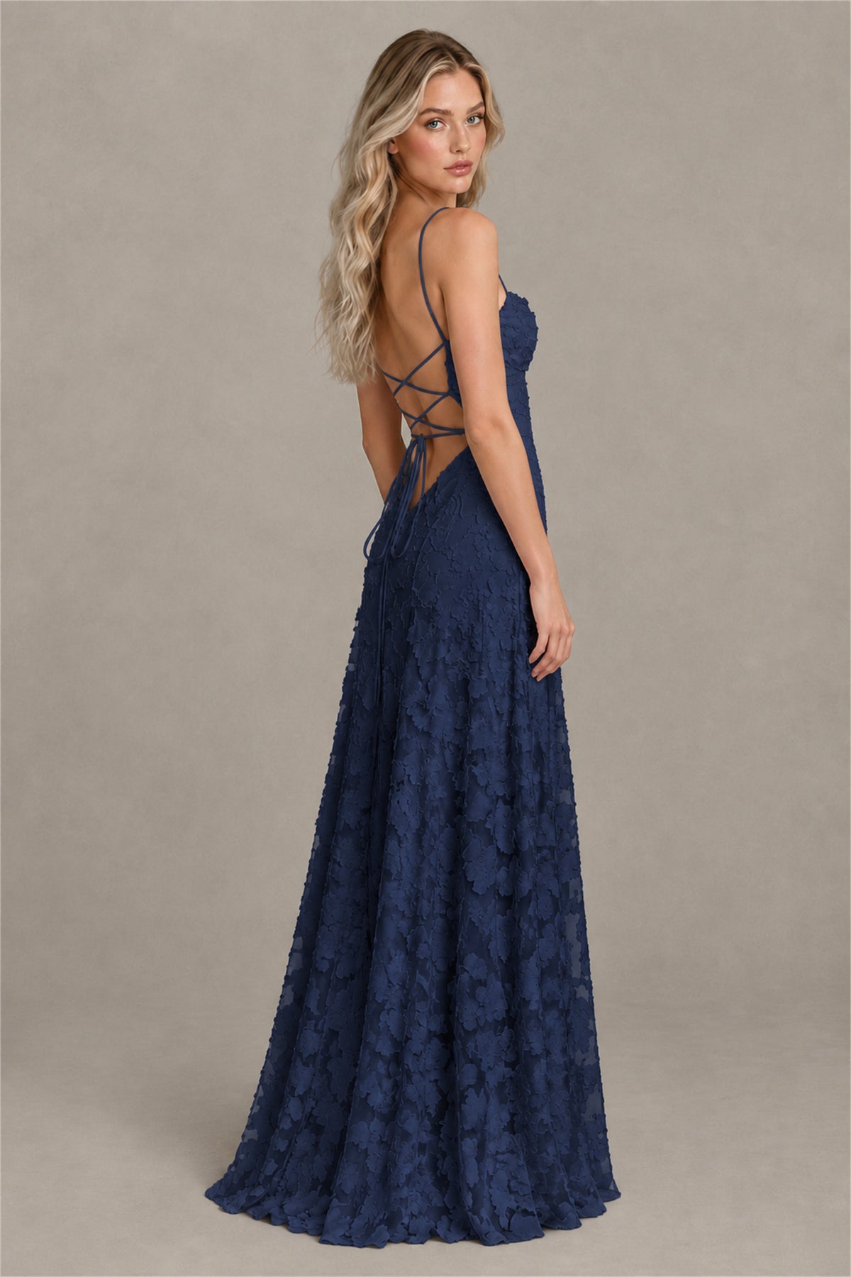 BOLODOO Navy Blue Floral Appliqué Lace-Up Back Maxi Dress - Navy Blue