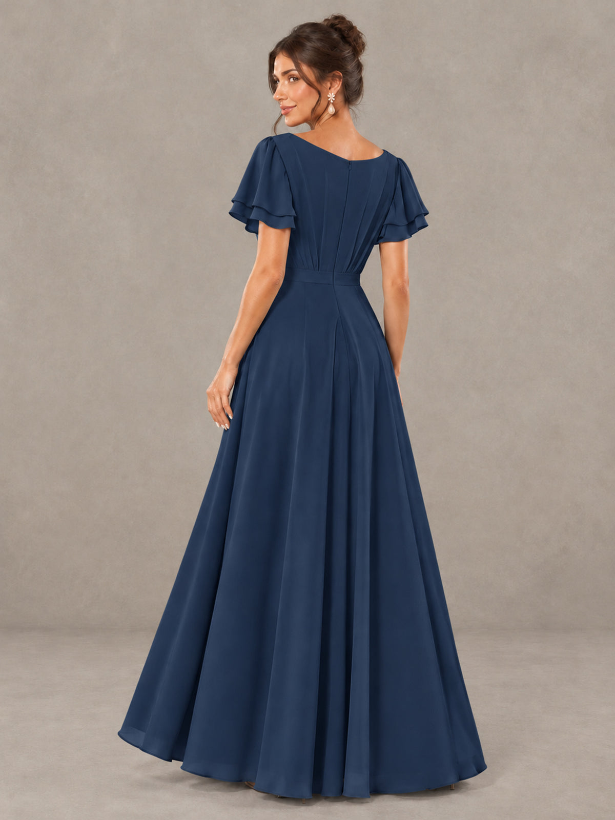 BOLODOO Navy Blue Flutter Sleeve Ruffle Bridesmaid Dress with Slit - Navy Blue - Navy Blue (2)