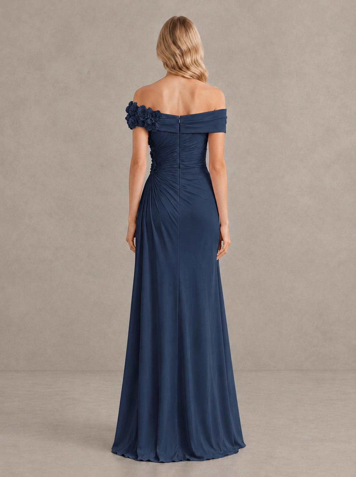 BOLODOO Navy Blue Off-Shoulder Floral Applique Wedding Guest Maxi Dress - Navy Blue - Navy Blue (2)