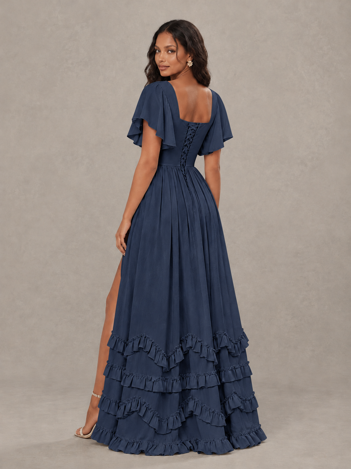 BOLODOO Navy Blue V-Neck Flutter Sleeve Ruffle Bridesmaid Dress with Slit - Navy Blue - Navy Blue (2)
