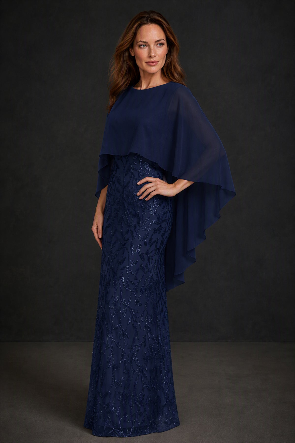 BOLODOO Navy Blue Round Neck Chiffon Cape Overlay Sequin Lace Mermaid Maxi Dress - Navy Blue