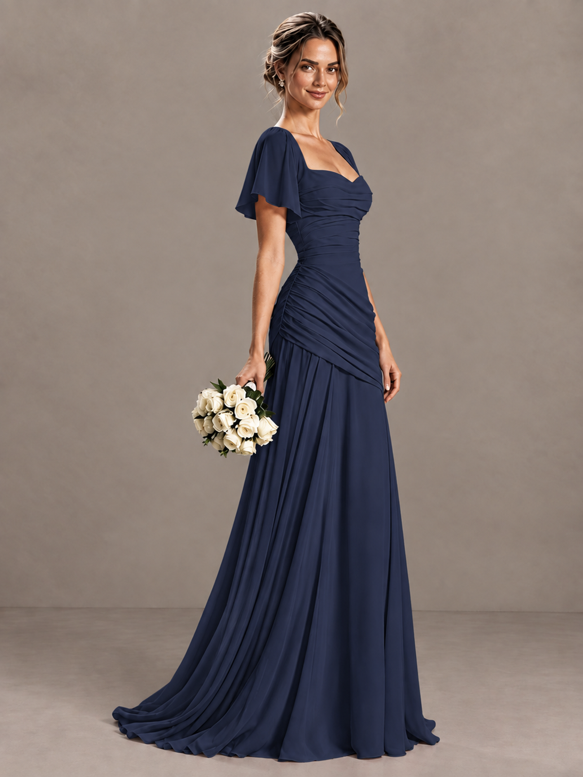 BOLODOO Navy Blue Flutter Sleeve Lace-Up Back Maxi Dress - Navy Blue