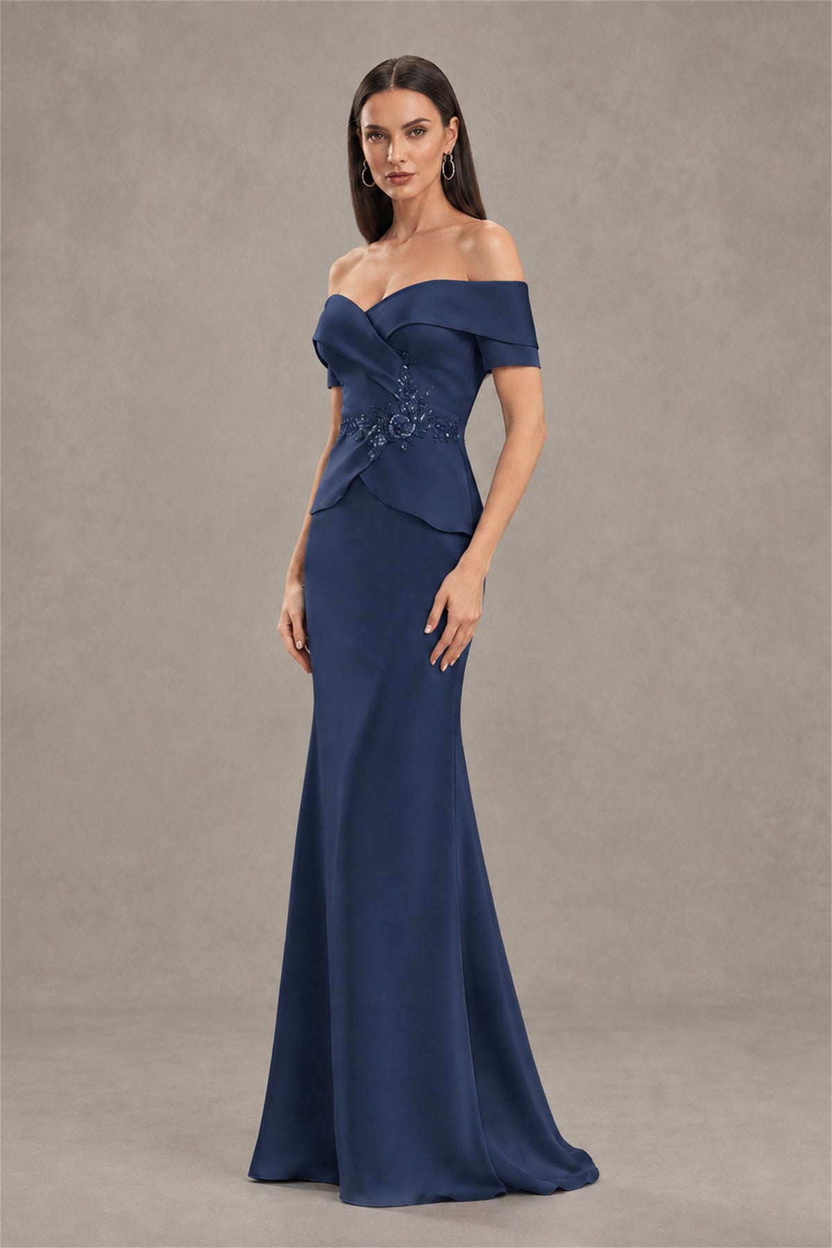 BOLODOO Navy Blue Off-Shoulder Mermaid Mother of the Bride Dress - Navy Blue