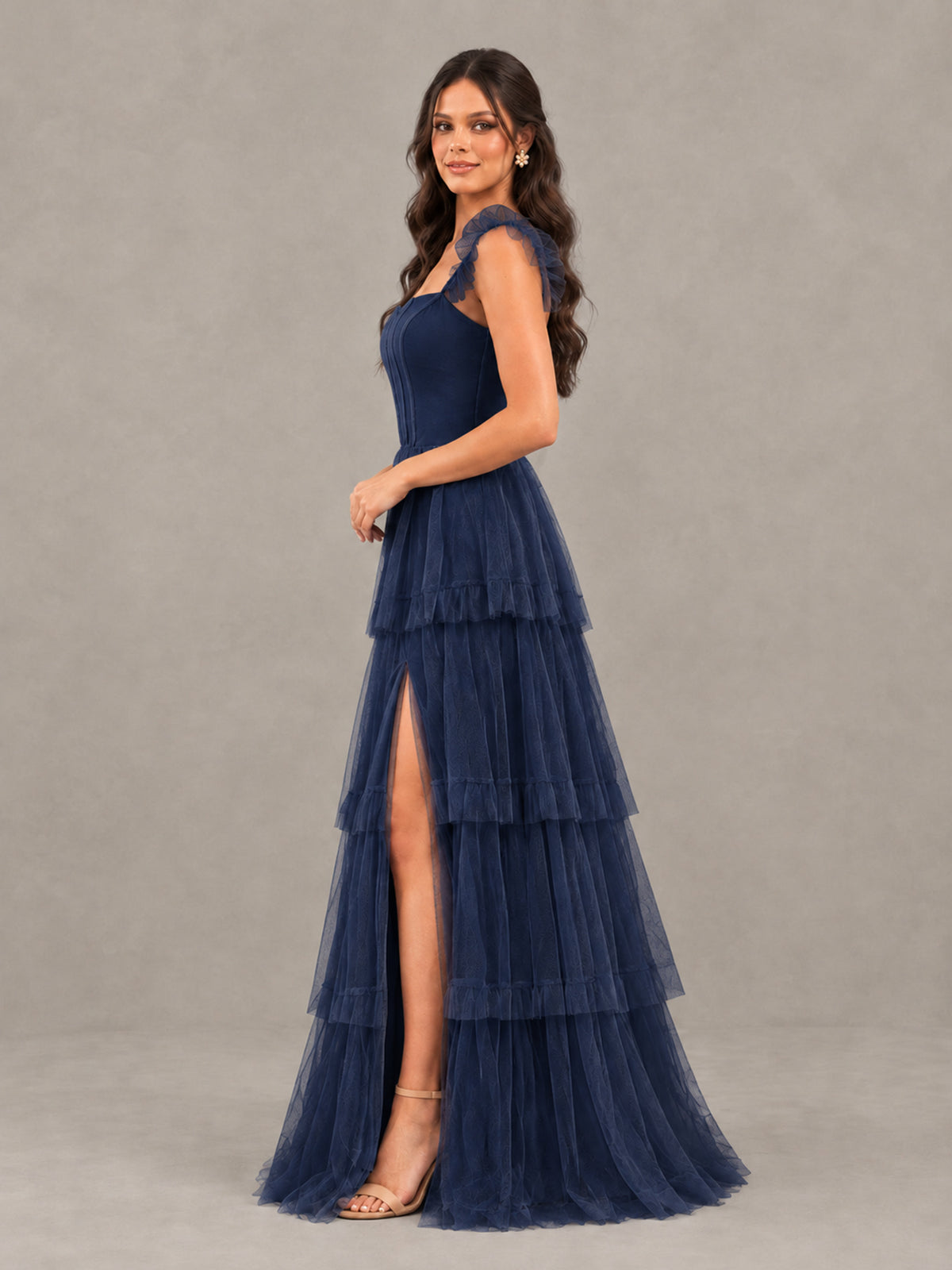 BOLODOO Navy Blue Tiered Tulle Bridesmaid Dress with Slit - Navy Blue - Navy Blue (3)