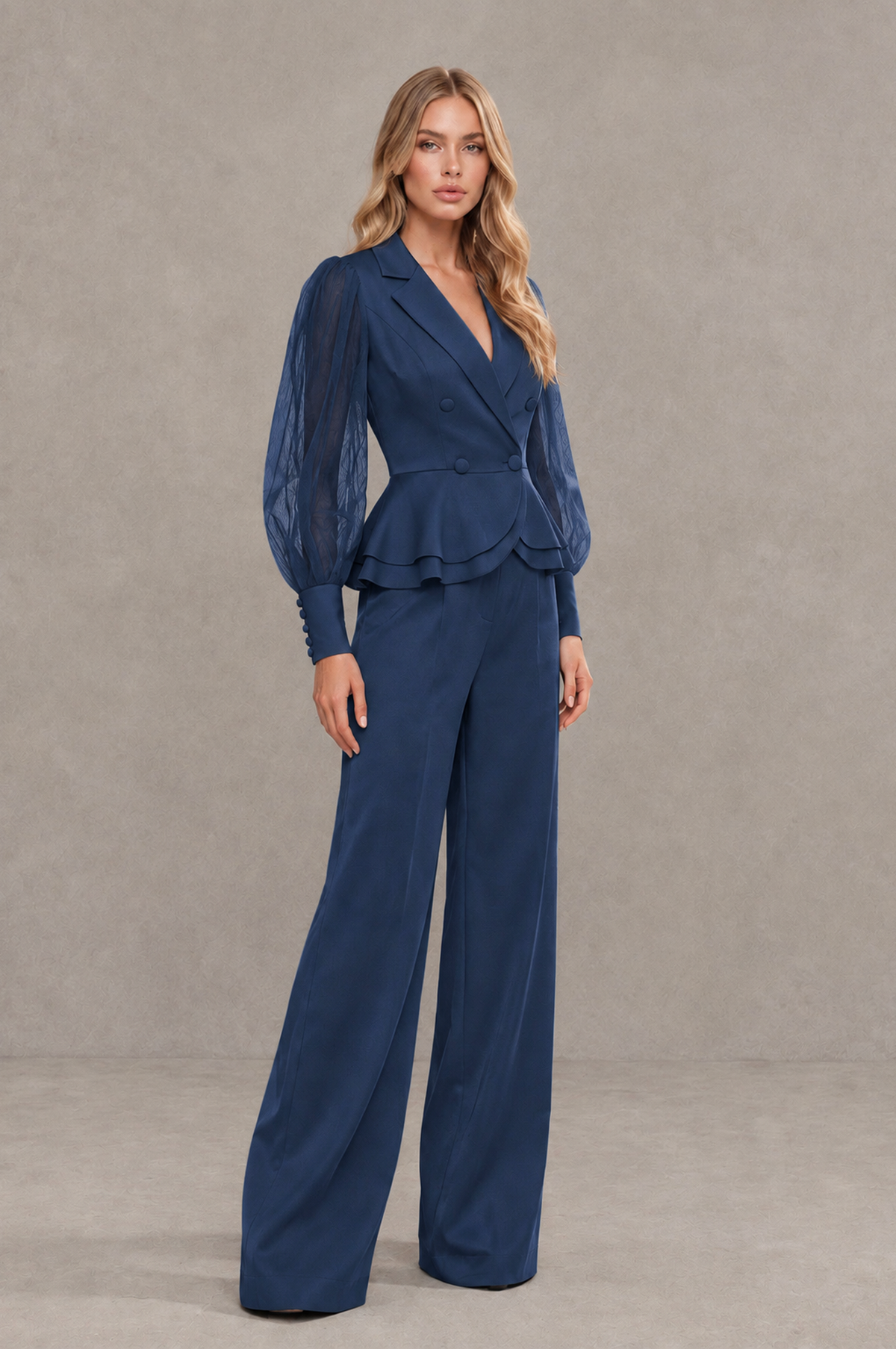 BOLODOO Mint Navy Blue Peplum Blazer Wide-Leg Pantsuit with Sheer Puff Sleeves - Navy Blue