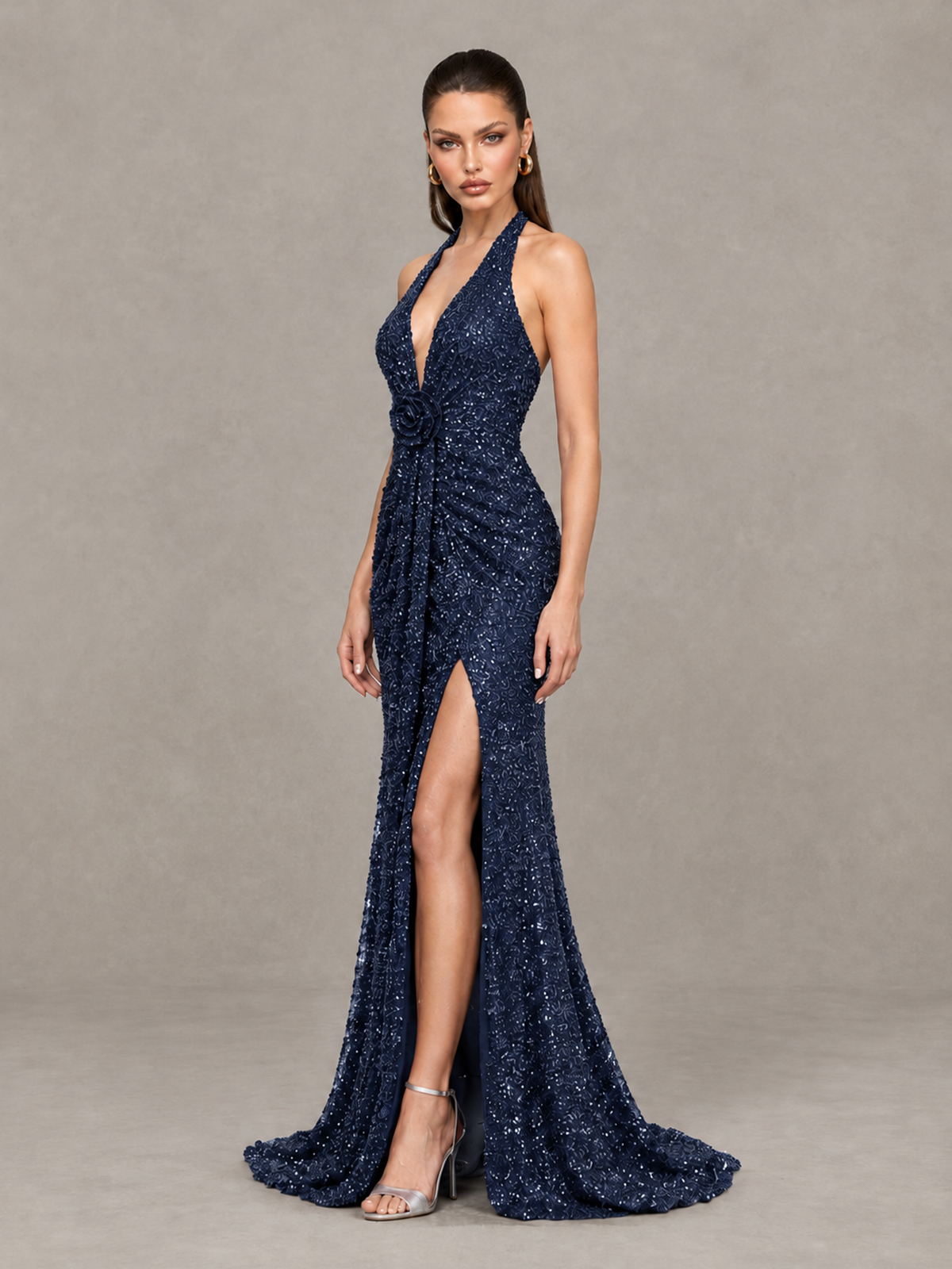BOLODOO Navy Blue Sequin Halter Open Back Evening Gown with High Slit - Navy Blue - Navy Blue (3)