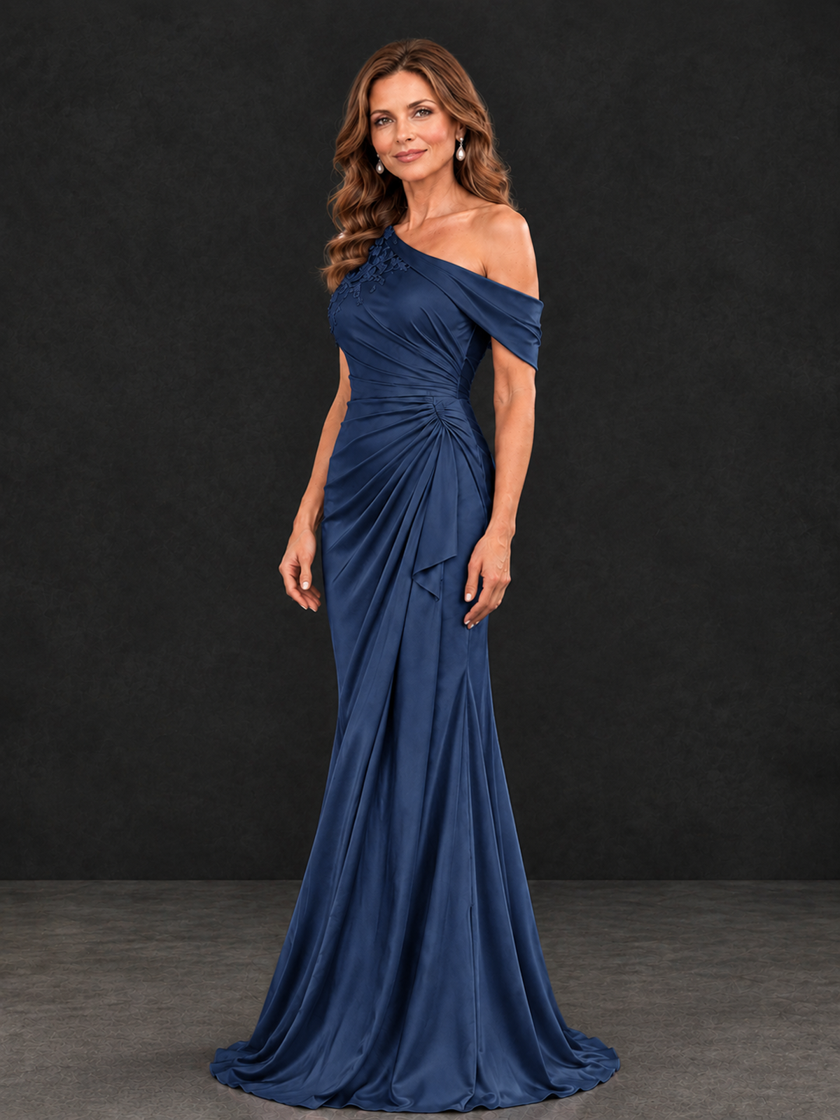 BOLODOO Navy Blue Asymmetric Satin Mother of the Bride Dress with Lace Sleeve - Navy Blue - Navy Blue (3)