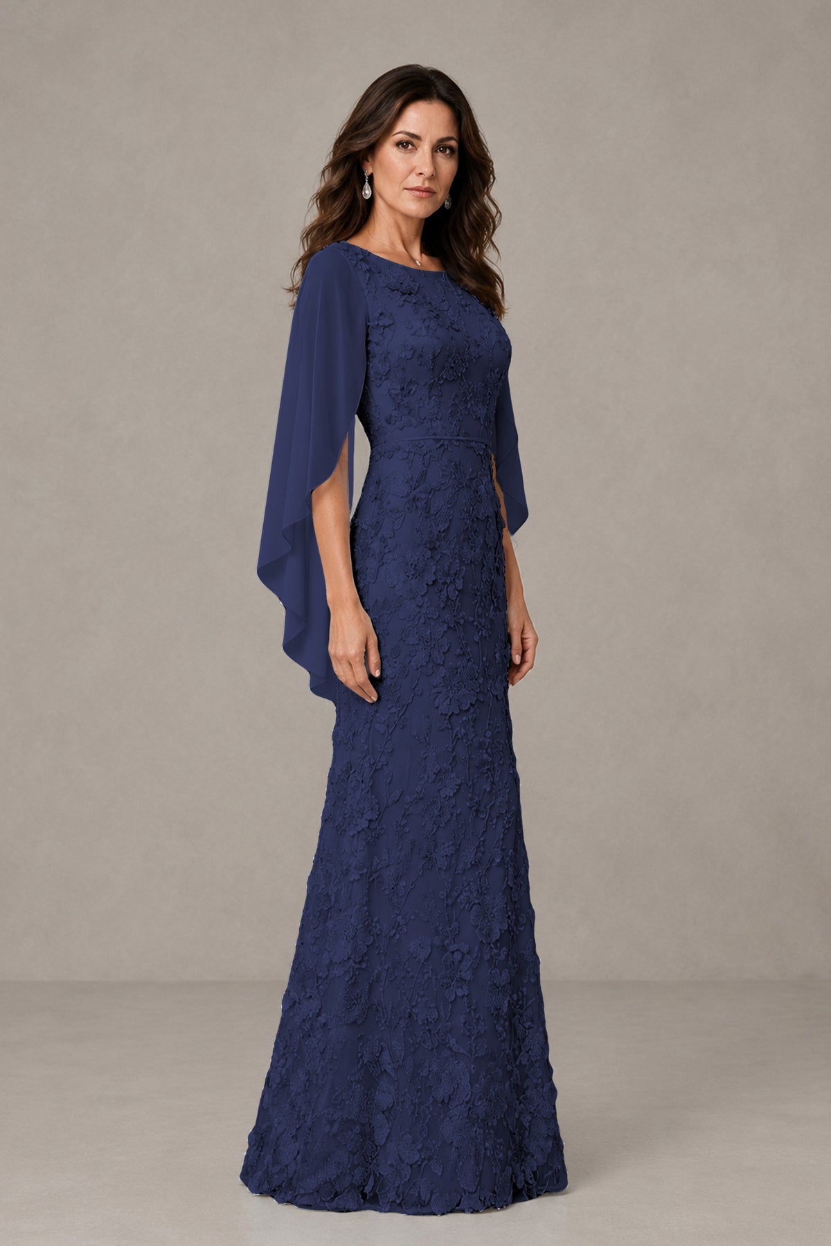 BOLODOO Navy Blue Lace Mother of the Bride Dress with Cape Sleeves - Navy Blue