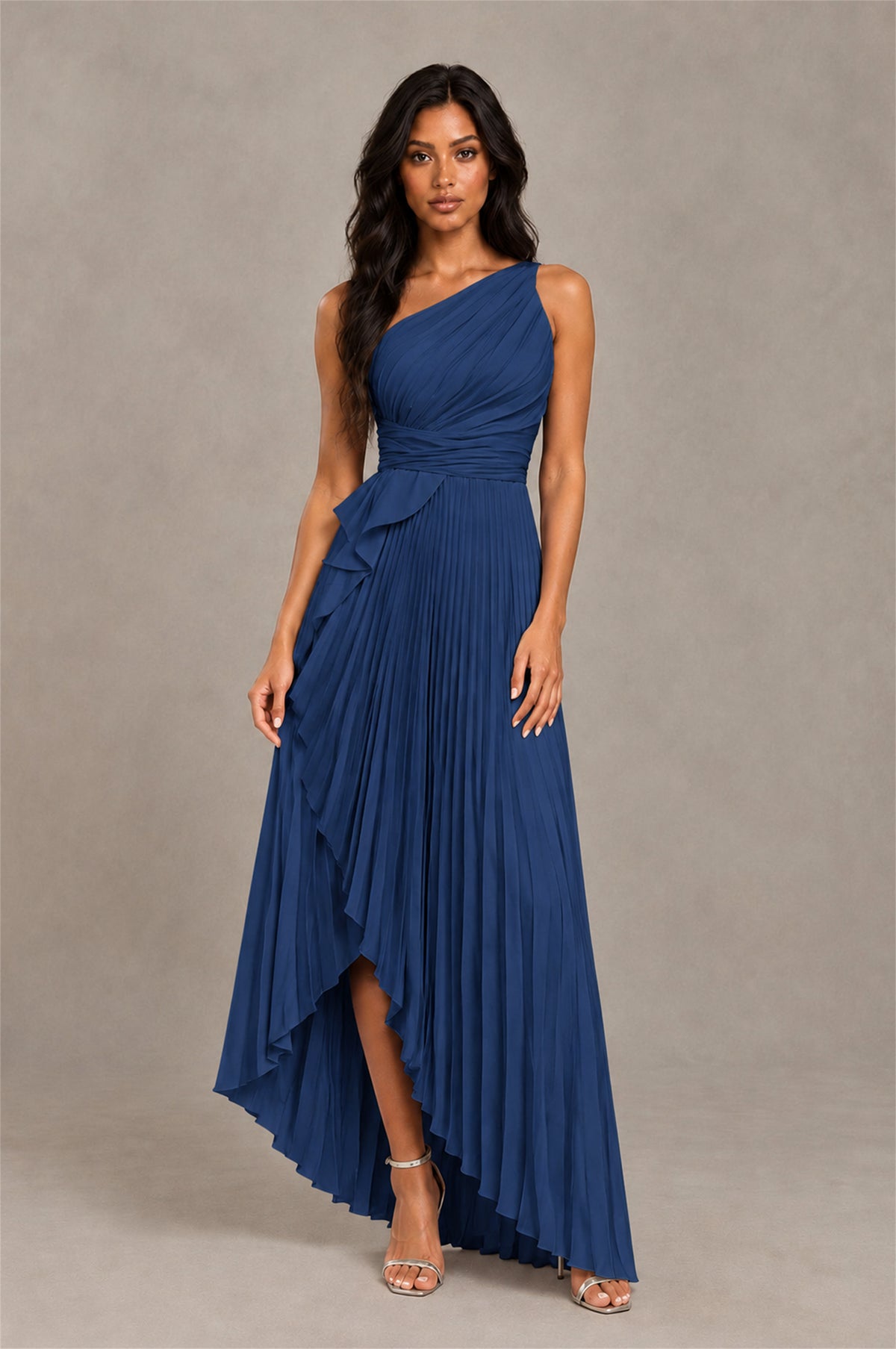 BOLODOO Navy Blue One-Shoulder High-Low Ruffle Maxi Dress - Navy Blue
