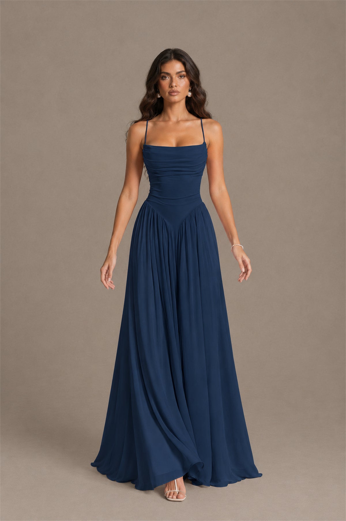 BOLODOO Navy Blue Spaghetti Strap Square Neck Ruched Chiffon Maxi Dress with Lace-Up Back - Navy Blue