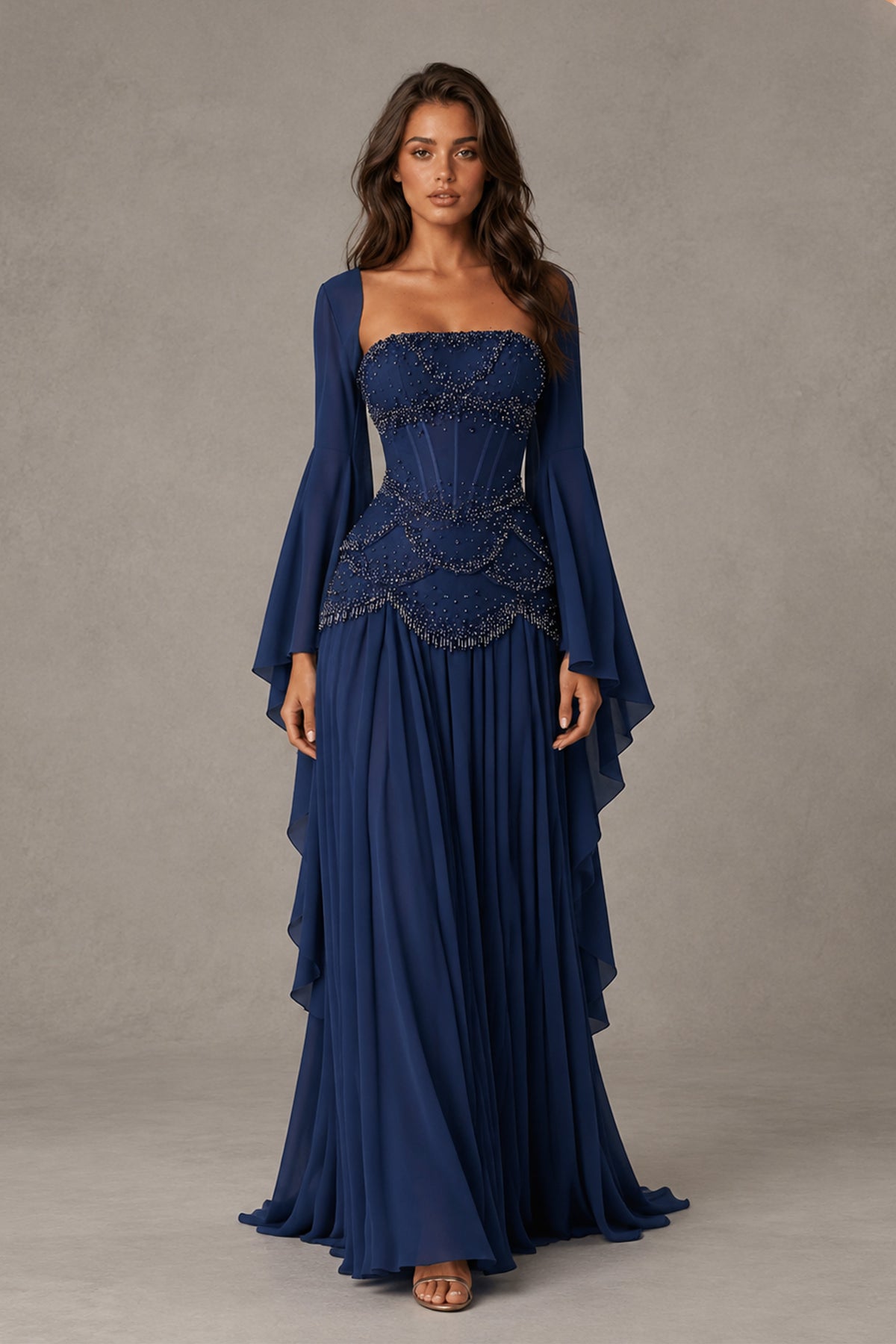 BOLODOO Navy Blue Embellished Corset Gown with Long Bell Sleeves - Navy Blue