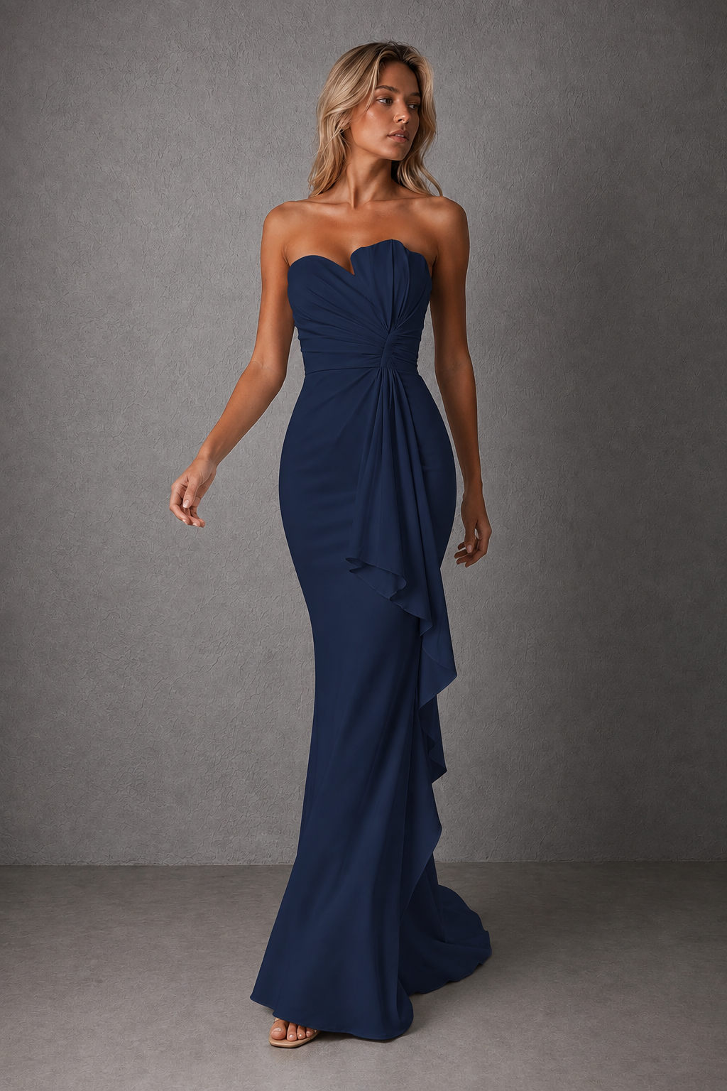 BOLODOO Navy Blue Strapless Sweetheart Ruched Mermaid Gown | Cascade Drape Formal Evening Dress - Navy Blue