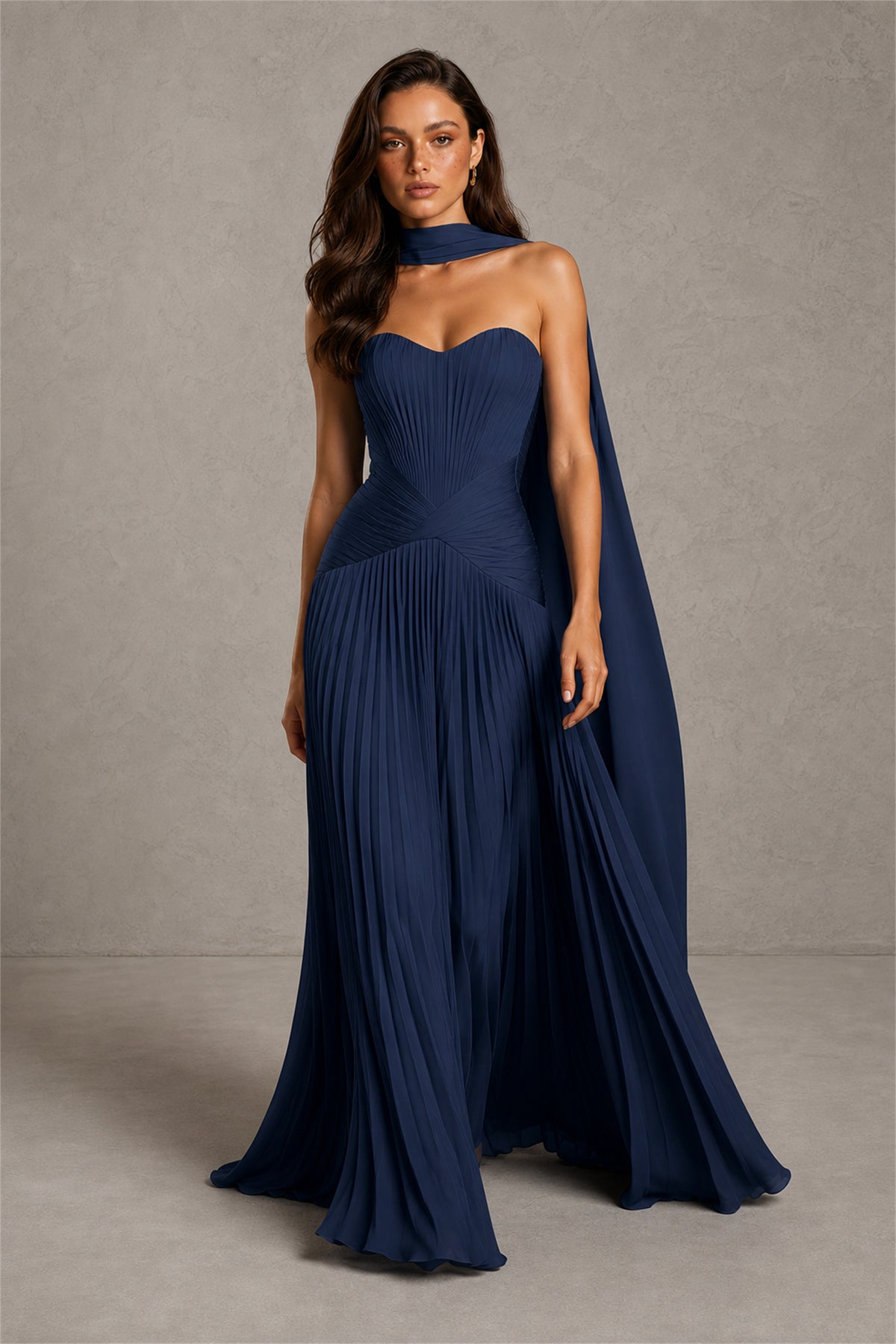 BOLODOO Navy Blue Sweetheart Strapless Neck Scarf Pleated Backless A-Line Chiffon Maxi Dress - Navy Blue