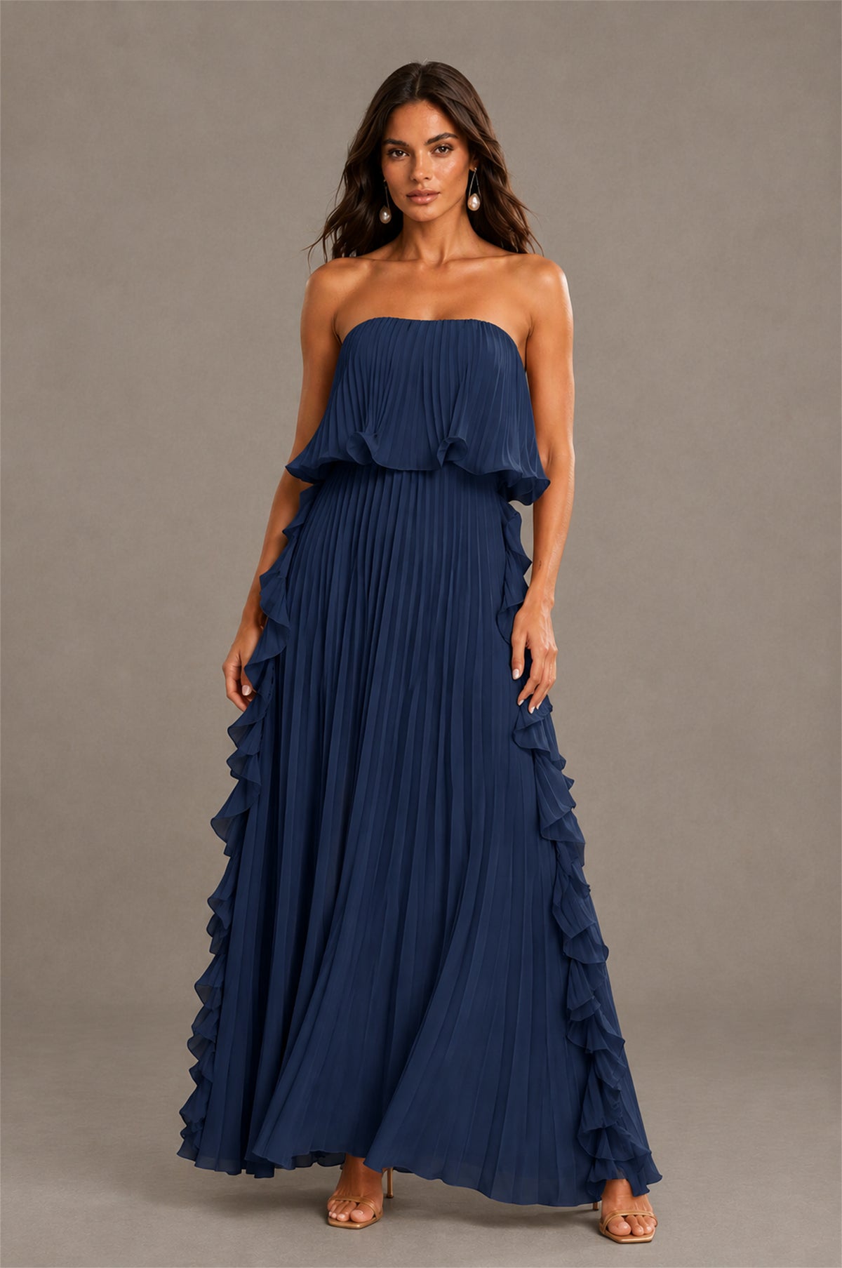 BOLODOO Navy Blue Strapless Ruffle Bodice Dual Cascading Ruffle Accordion Pleated Chiffon Maxi Dress - Navy Blue