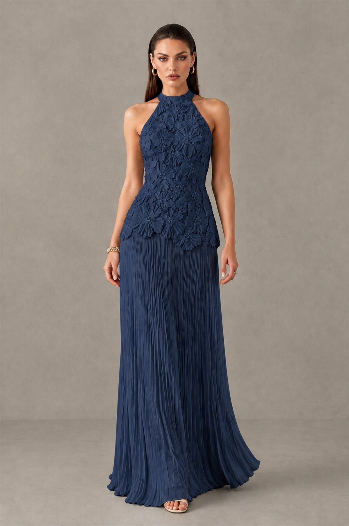 BOLODOO Navy Blue 3D Floral Applique Halter Neck Open Back Pleated Maxi Dress - Navy Blue
