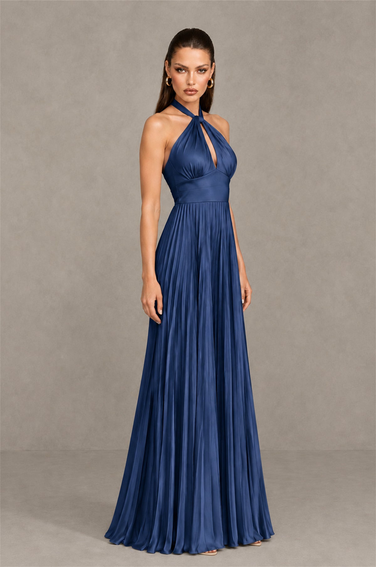 BOLODOO Navy Blue Halter Pleated A-Line Evening Dress - Navy Blue
