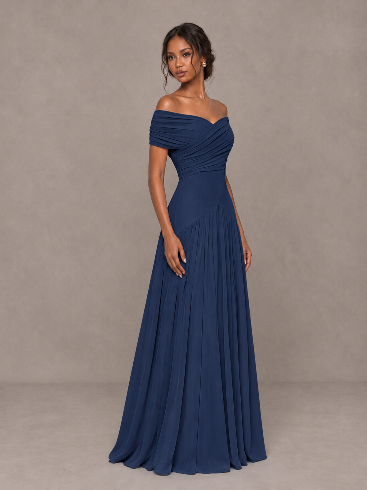 BOLODOO Navy Blue Off-Shoulder Ruched A-Line Bridesmaid Dress - Navy Blue - Navy Blue (3)