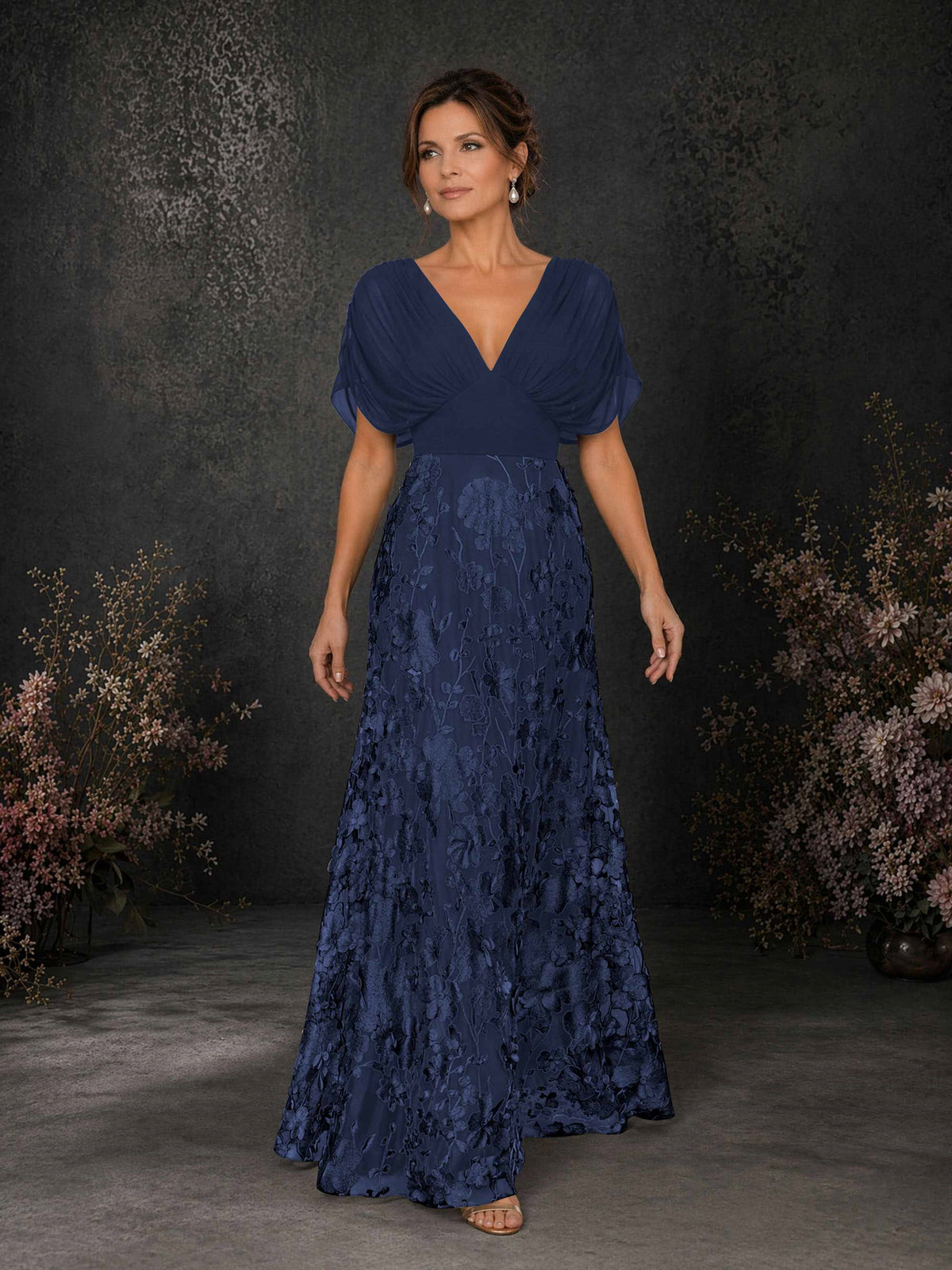BOLODOO Navy Blue & Navy Blue Chiffon V-Neck Flutter Sleeve Floral Embroidered A-Line Gown BD0414 - Navy Blue