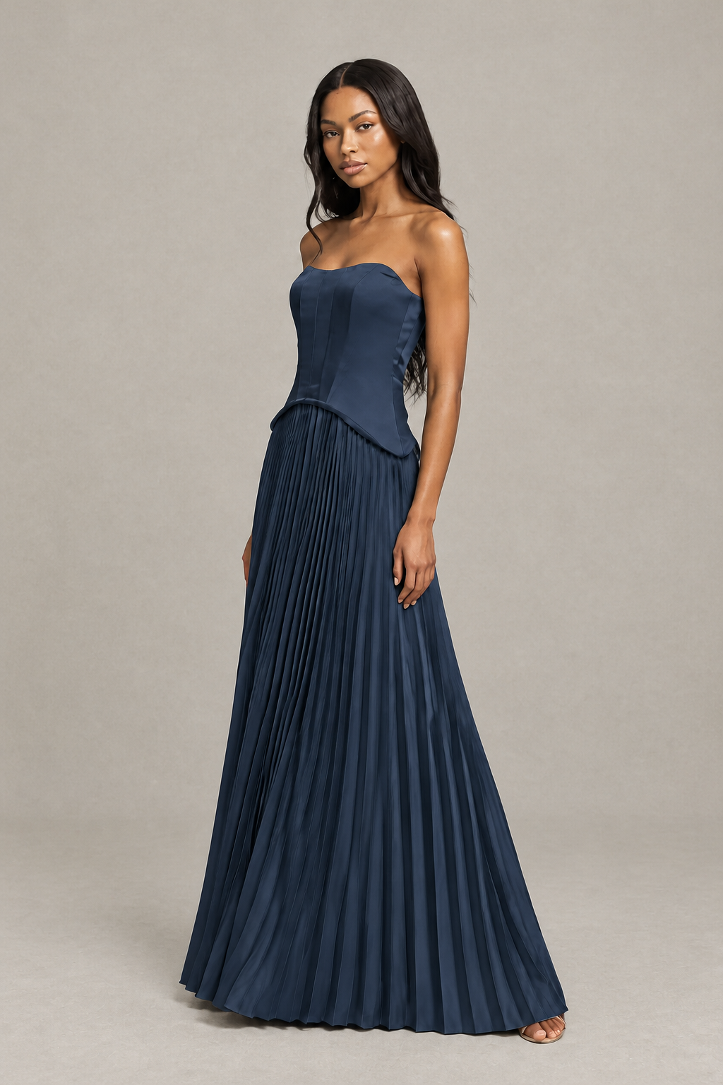 BOLODOO Navy Blue Strapless Pleated Satin Evening Prom Dress - Navy Blue