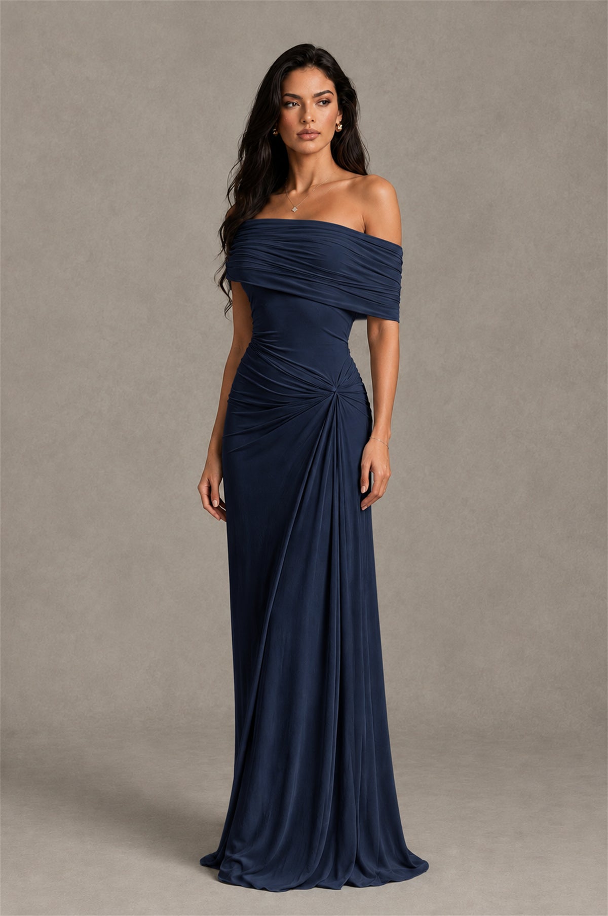 BOLODOO Navy Blue Off-Shoulder Ruched Maxi Dress - Navy Blue